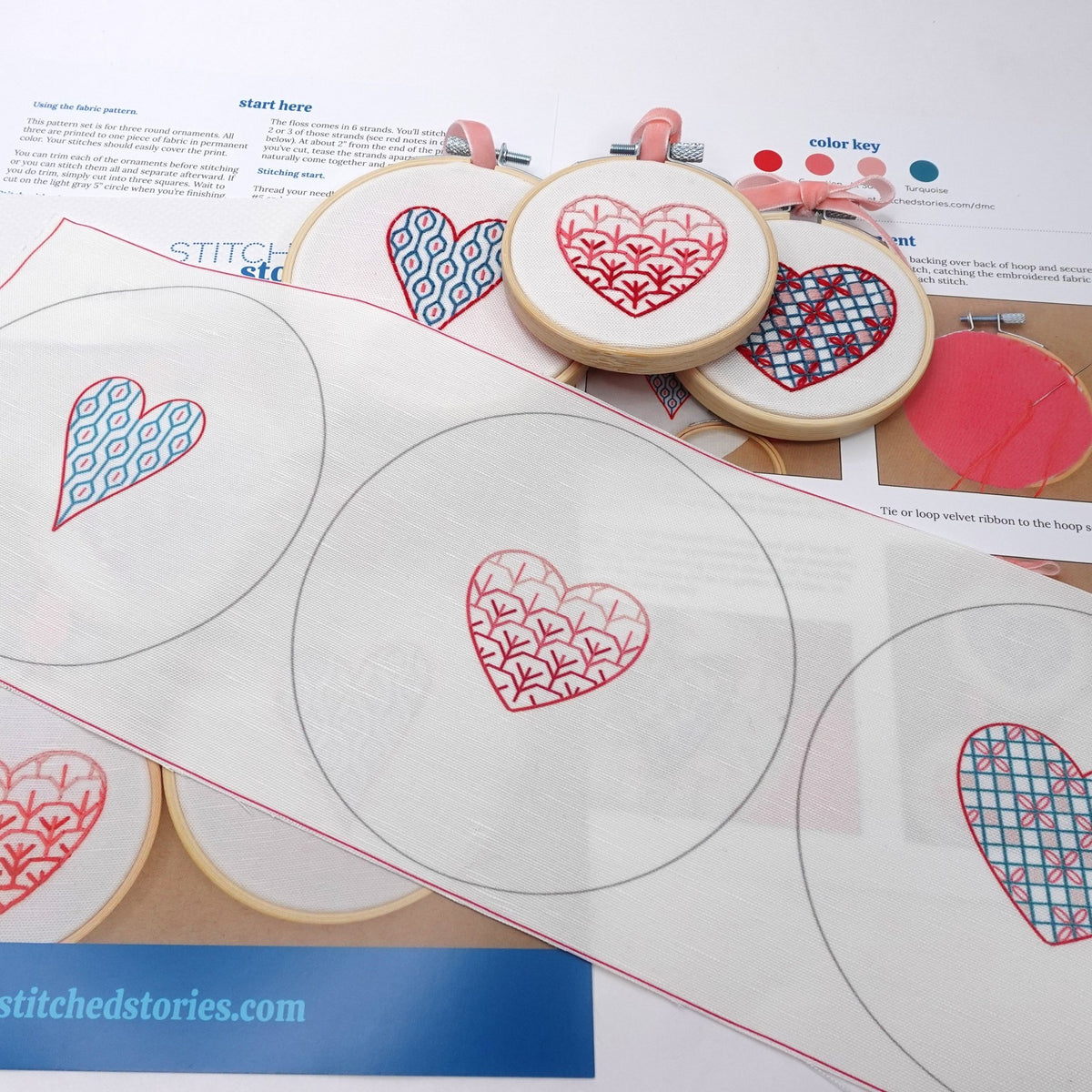 Heart Minis Embroidery Fabric Pattern – 3 Hearts on Linen-Cotton Canvas ...