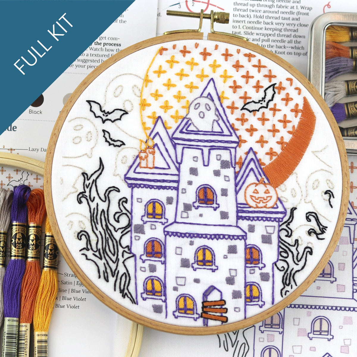 Halloween Haunted House Embroidery Kit by Stitched Stories, 8 in, Cotton