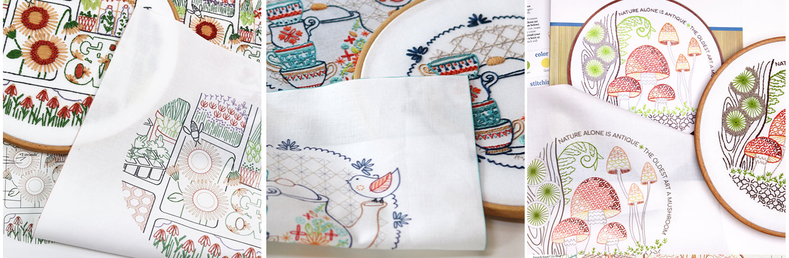 Printed fabric embroidery patterns. Three designs.