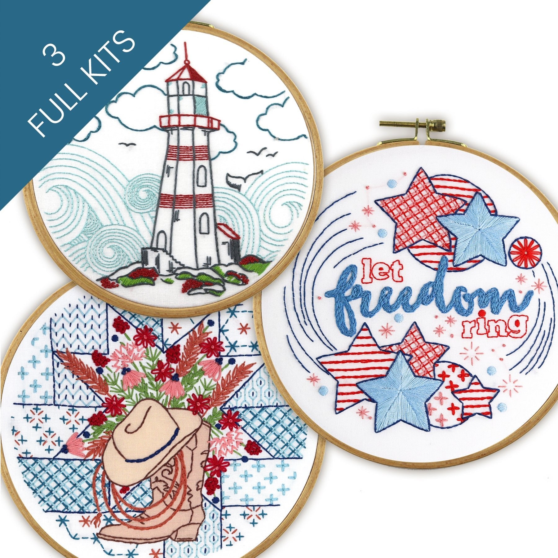 Americana Embroidery Kit Bundle of 3 - Stitched Stories