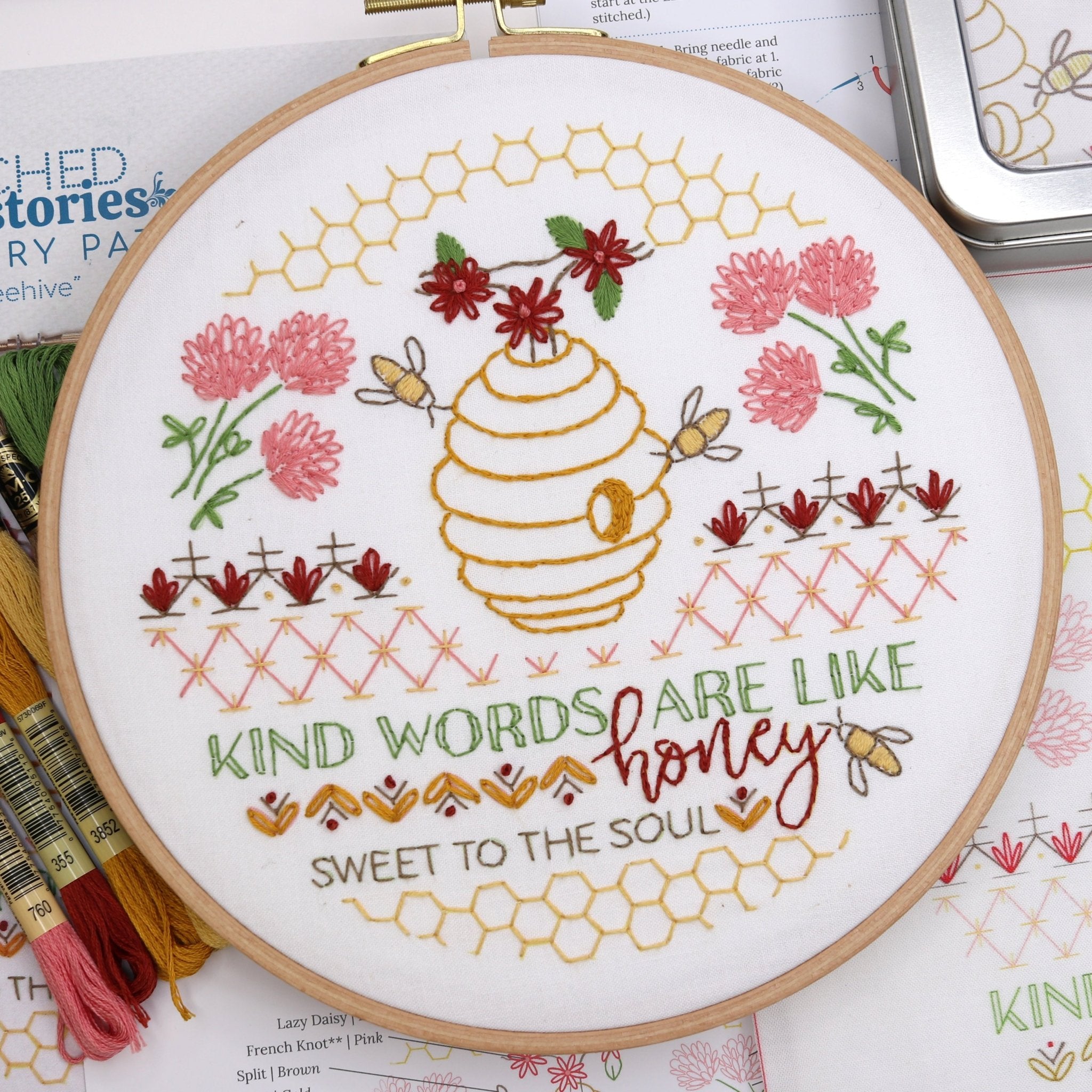 Beehive Beginner Hand Embroidery Kit by Stitched Stories, 8 in, Cotton