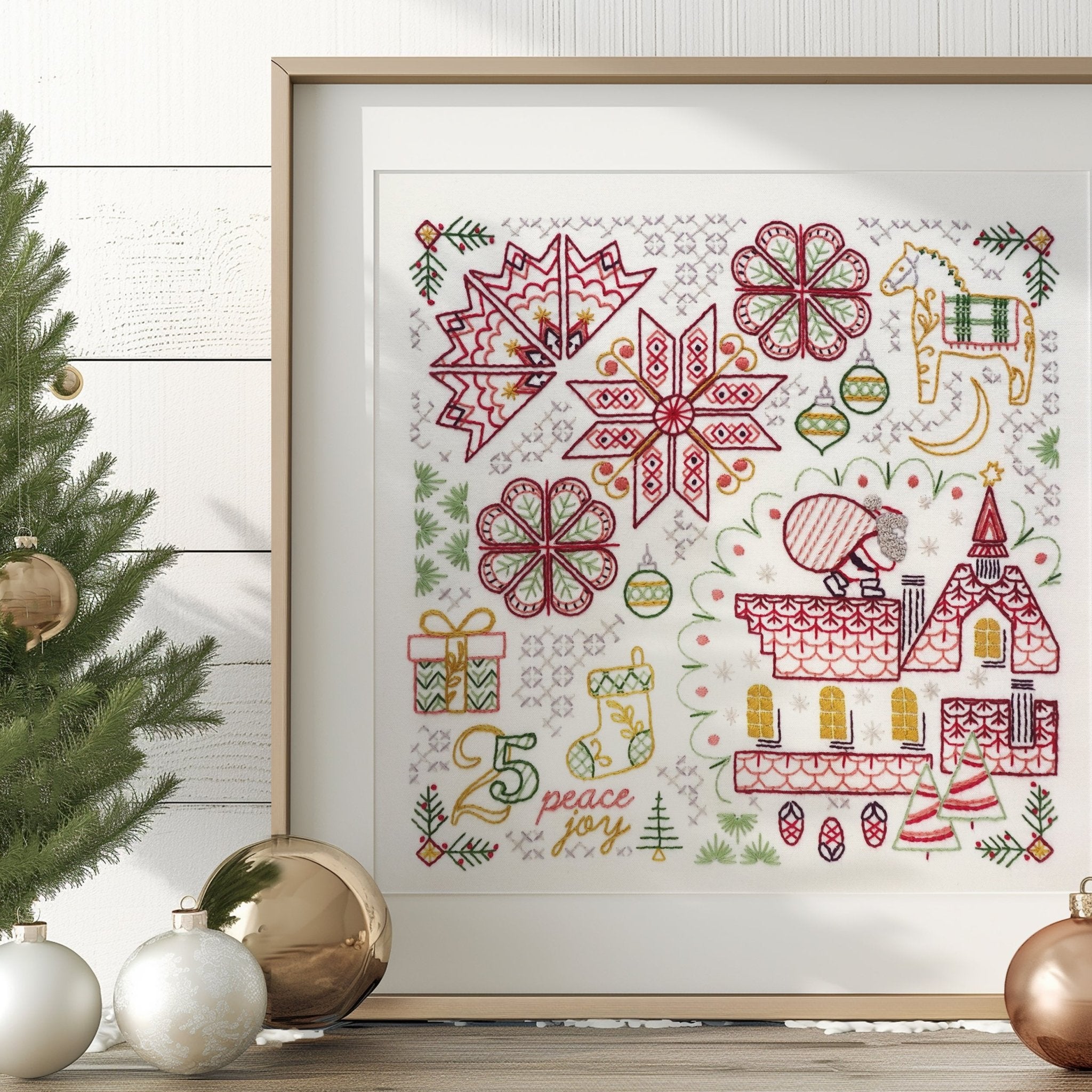 Christmas Motif Embroidery Sampler Printed Fabric Pattern - Stitched Stories