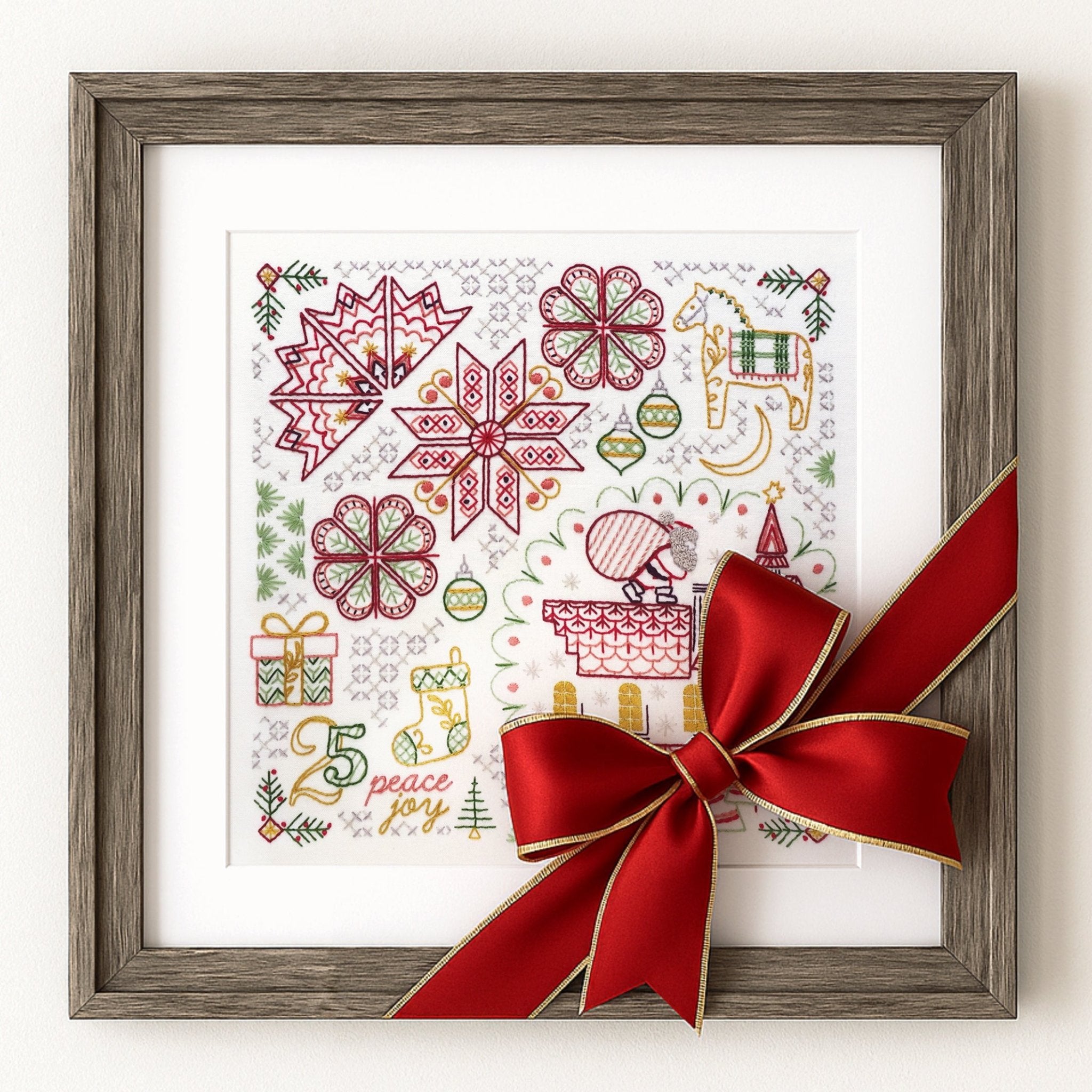 Christmas Motif Embroidery Sampler Printed Fabric Pattern - Stitched Stories