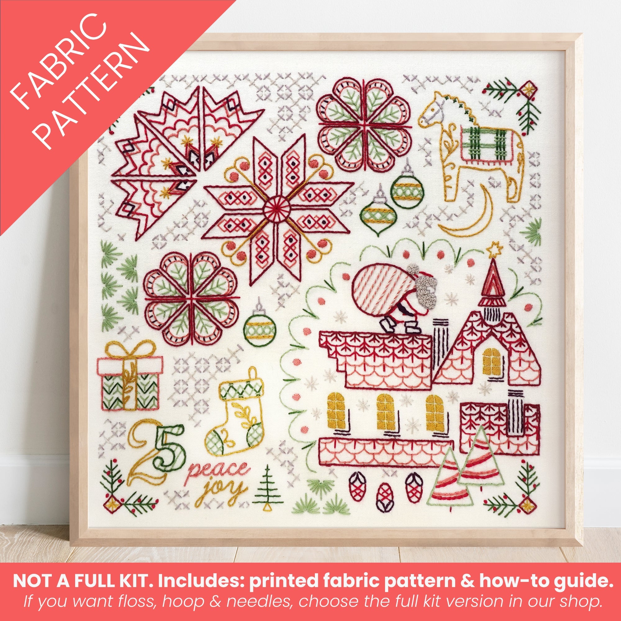 Christmas Motif Embroidery Sampler Printed Fabric Pattern - Stitched Stories
