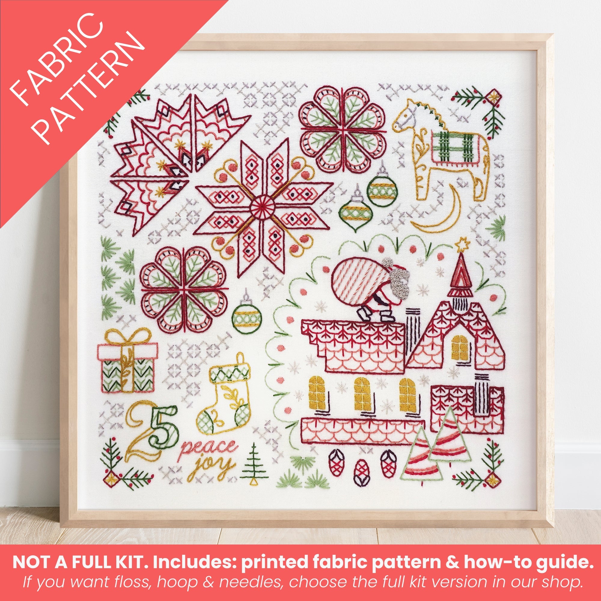 Christmas Motif Embroidery Sampler Printed Fabric Pattern - Stitched Stories