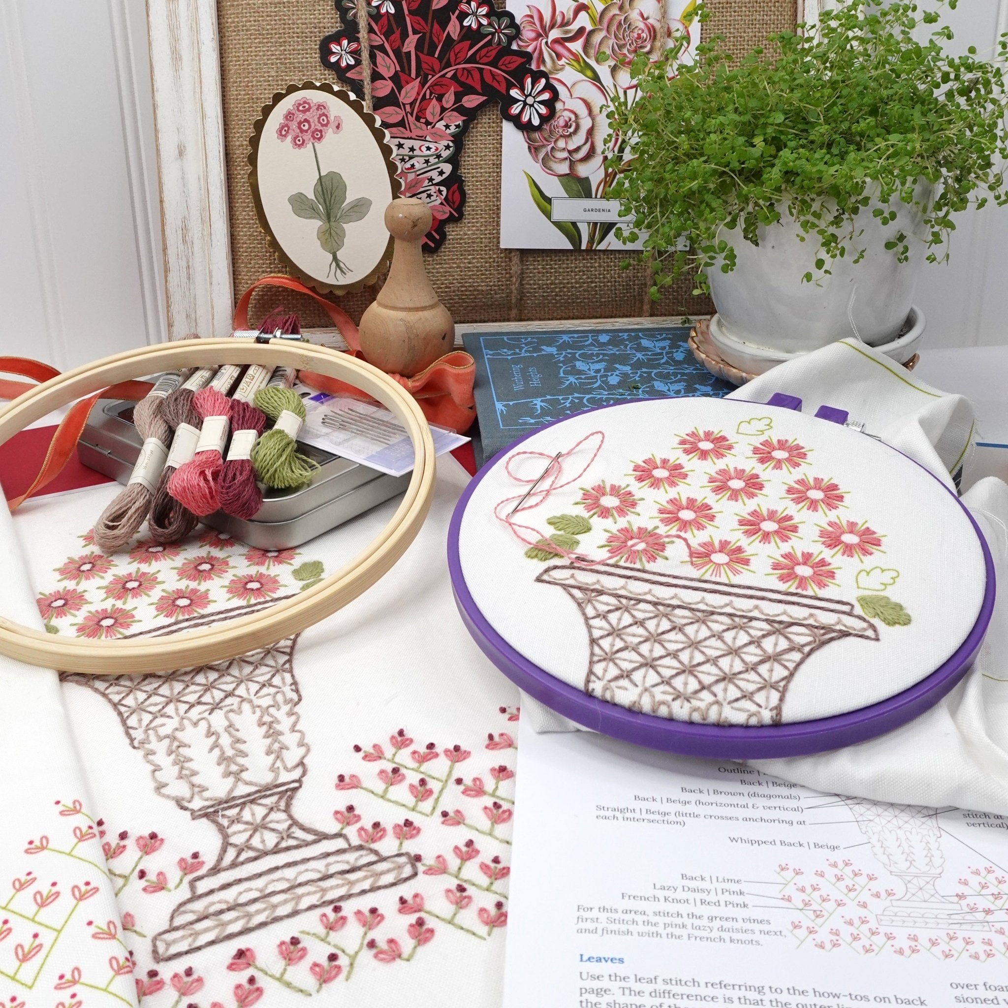 Crewel Urn Embroidery Sampler Printed Fabric Pattern - Stitched Stories