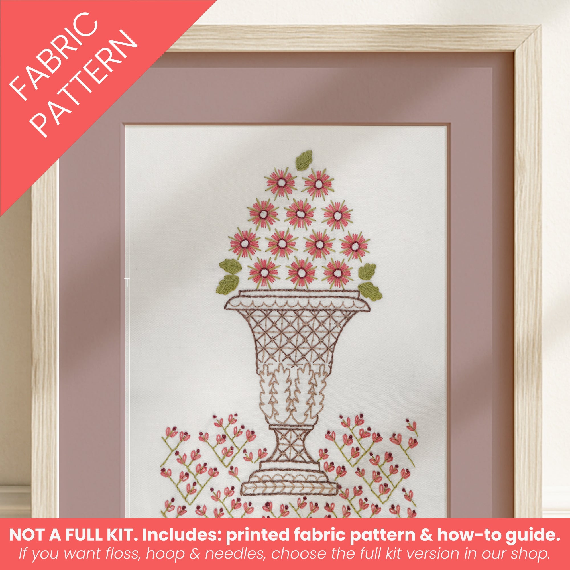 Crewel Urn Embroidery Sampler Printed Fabric Pattern - Stitched Stories