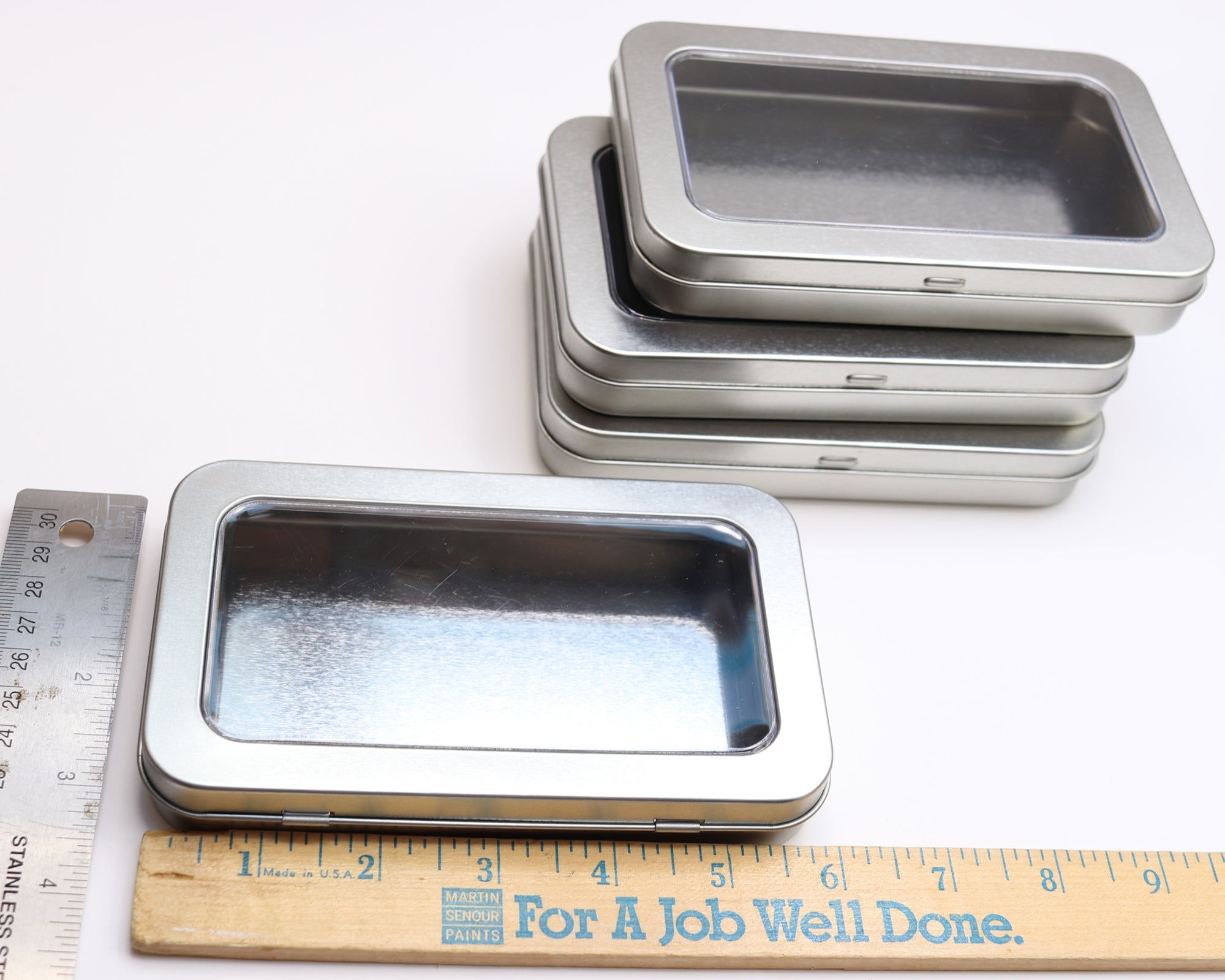 Empty Metal Tin with Window in Lid, Set of 4, 5.75"x3.5"x.75" - Stitched Stories