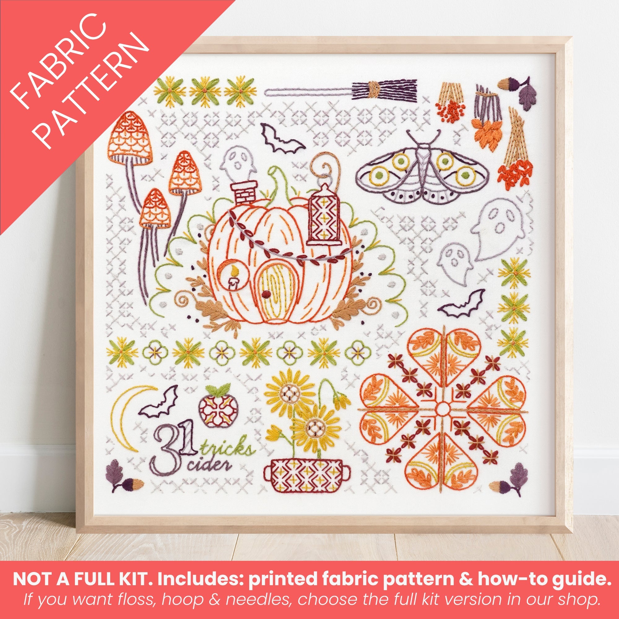 Fall Motif Embroidery Sampler Printed Fabric Pattern - Stitched Stories