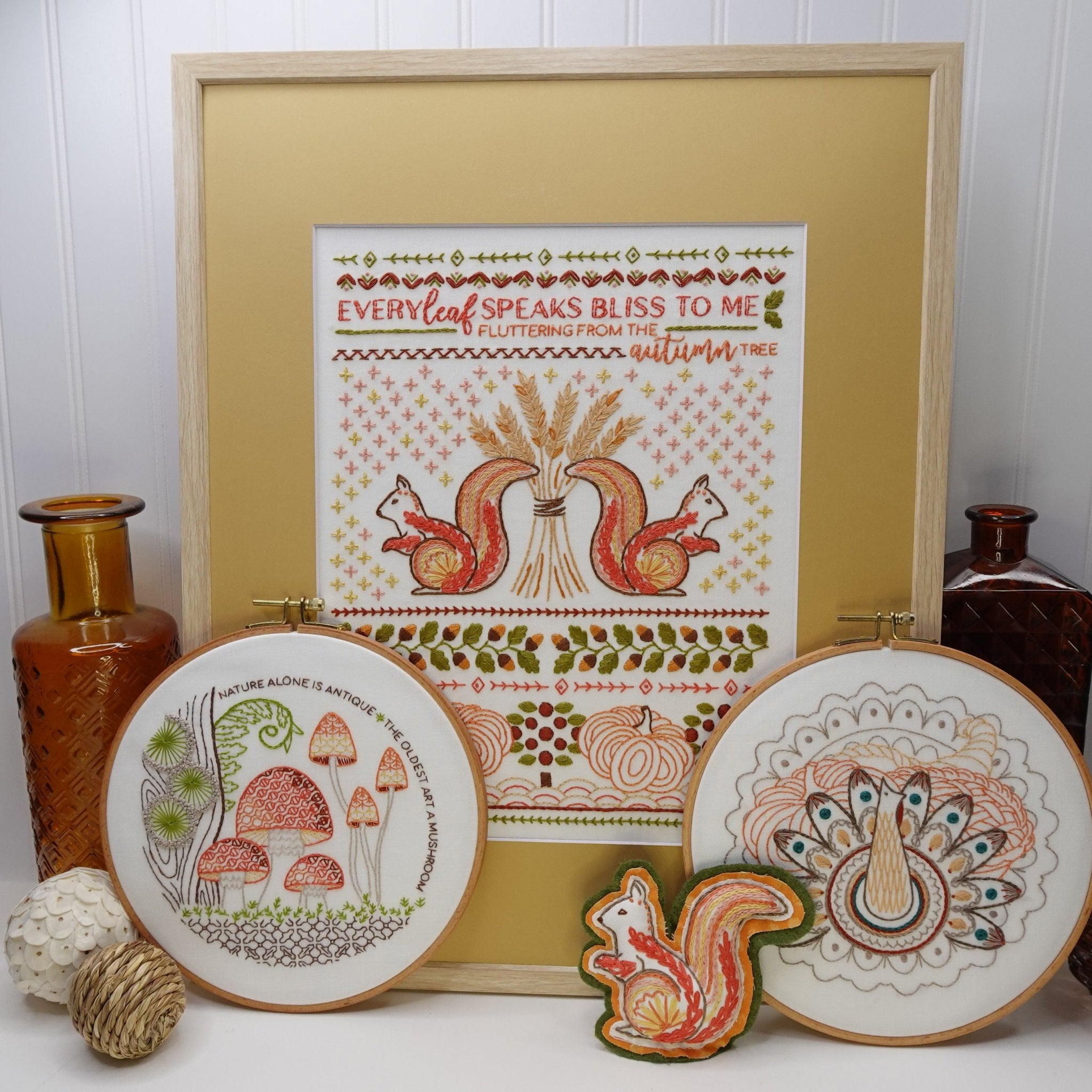 Fall Squirrel Sampler Printed Fabric Pattern - Stitched Stories