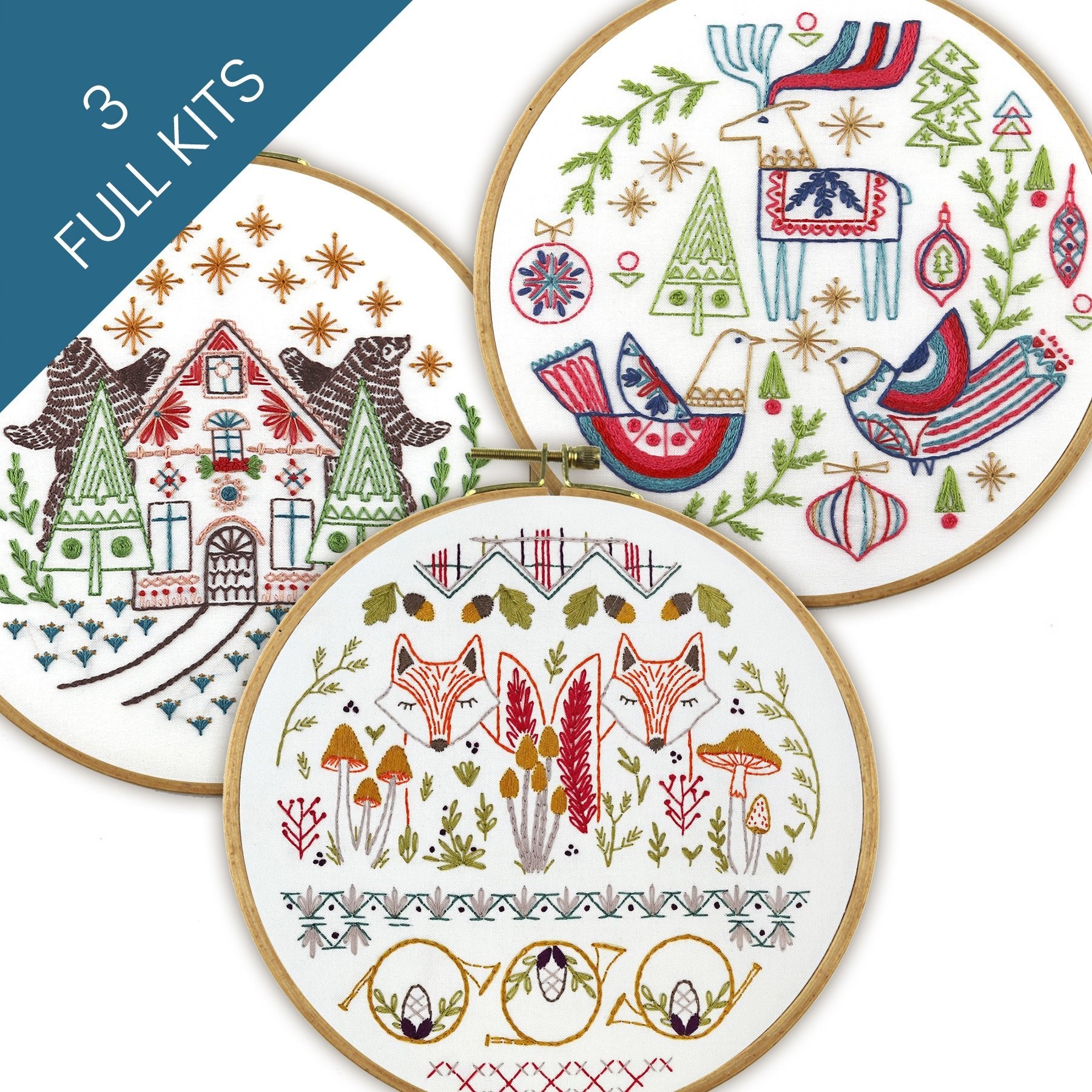 Festive Forest Embroidery Kit Bundle of 3 - Stitched Stories