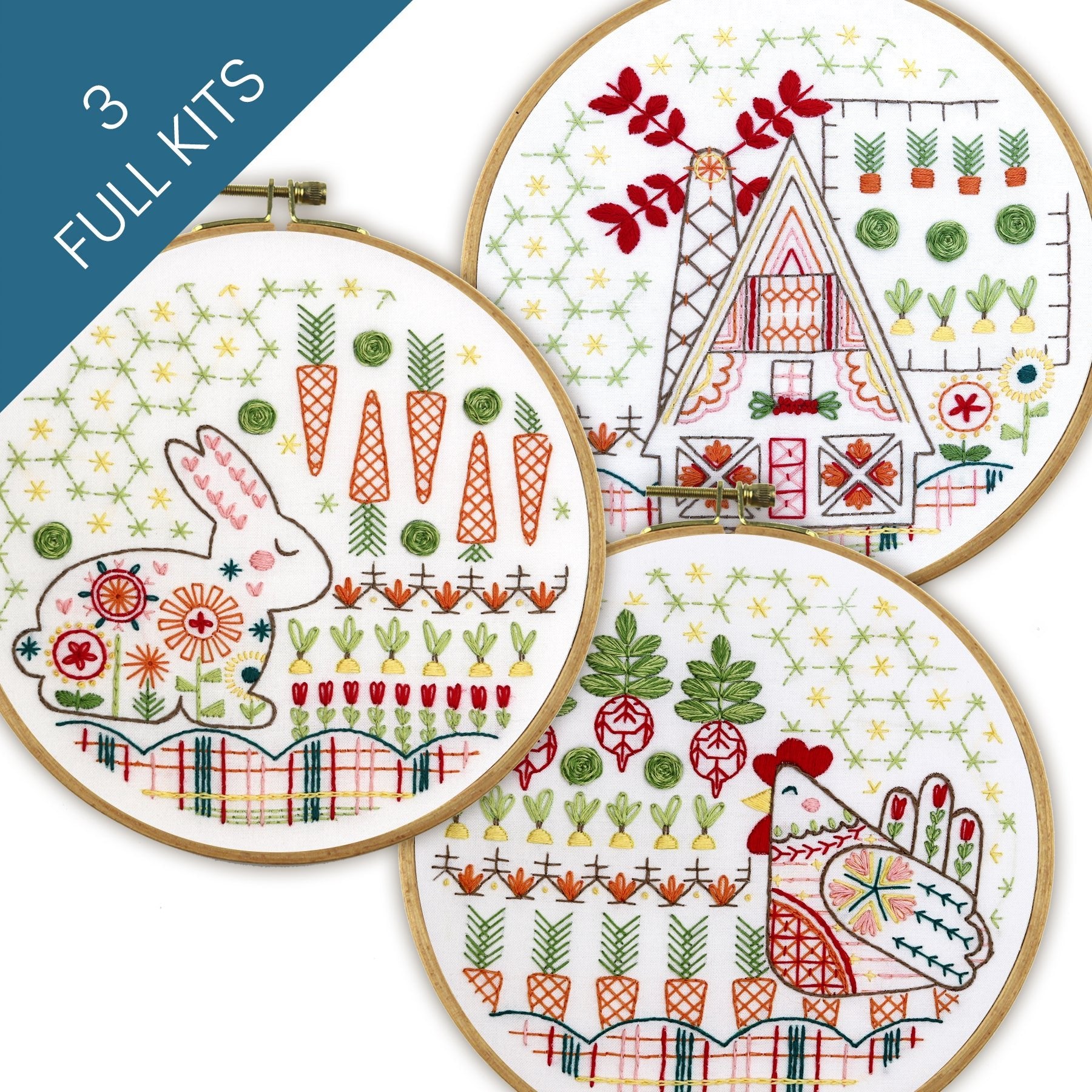 Folk Art Garden Trio Embroidery Kit Bundle of 3 - Stitched Stories