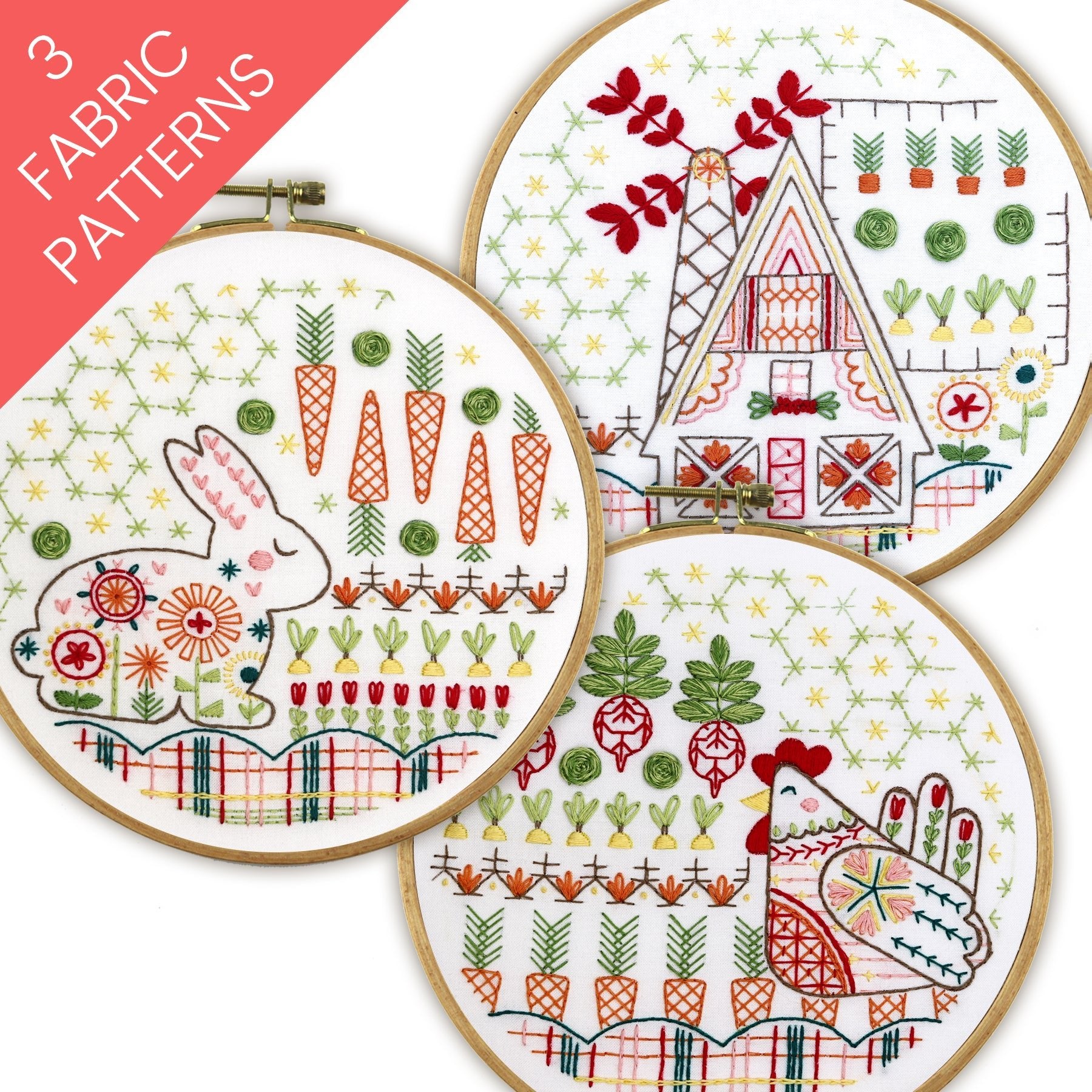 Folk Art Garden Trio Embroidery Pattern Bundle of 3 - Stitched Stories