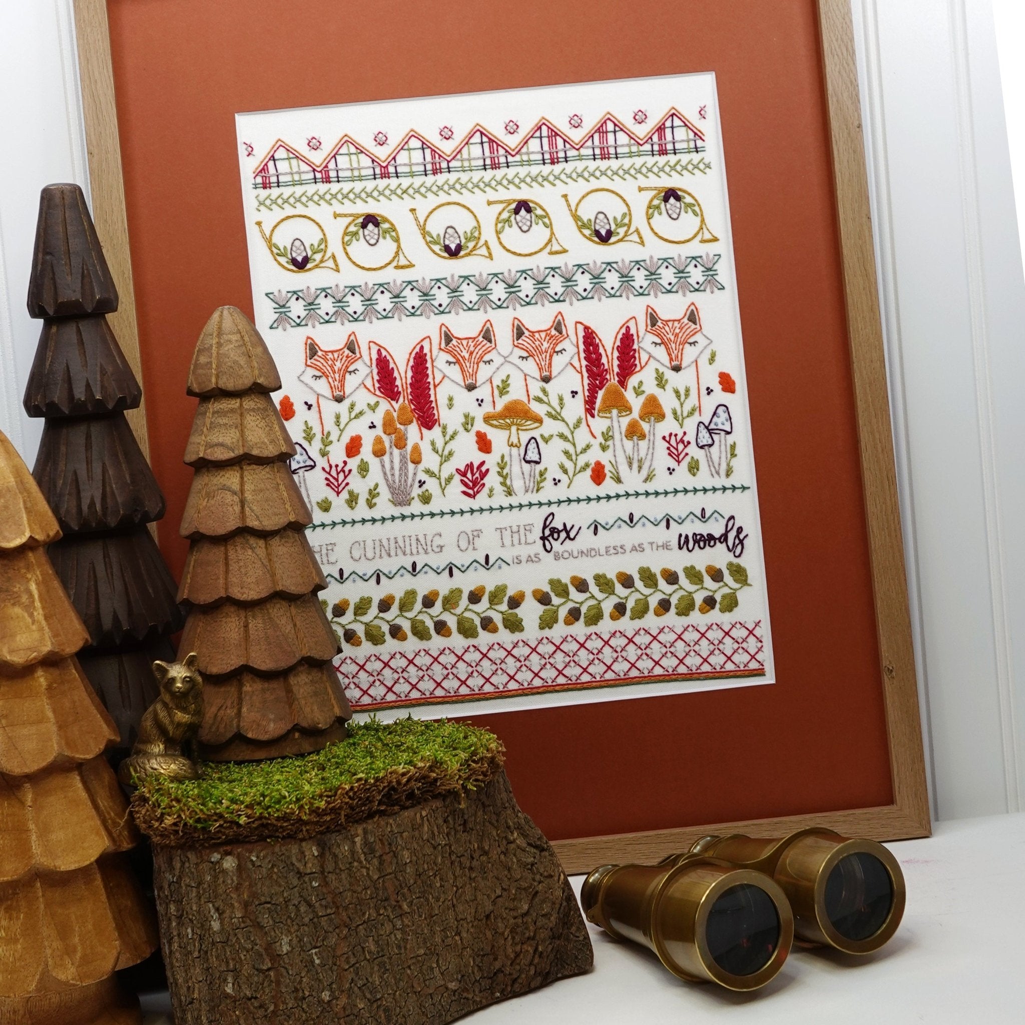 Fox & Horn Embroidery Sampler Printed Fabric Pattern - Stitched Stories