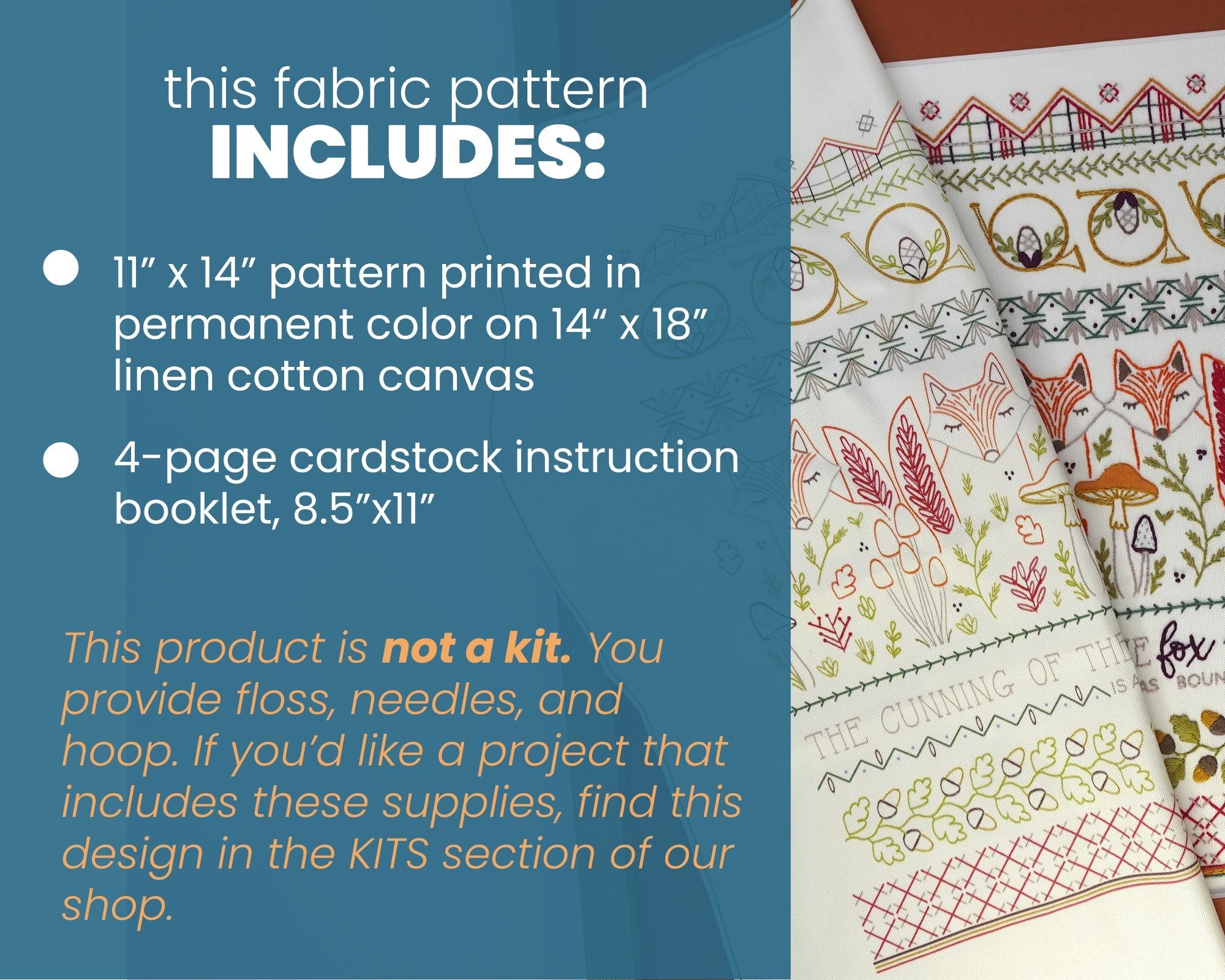 Fox & Horn Embroidery Sampler Printed Fabric Pattern - Stitched Stories