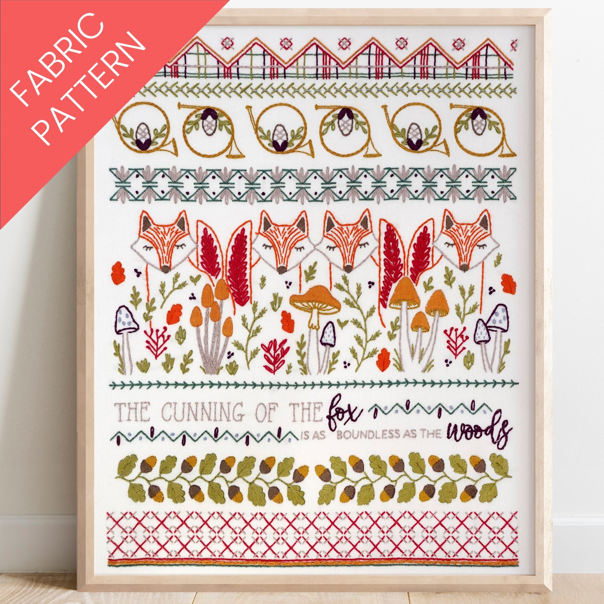 Fox & Horn Sampler Printed Fabric Pattern - Stitched Stories