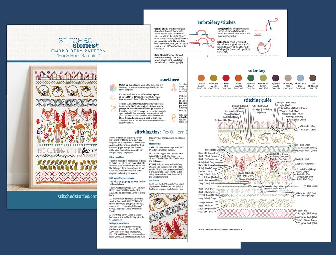 Fox & Horn Sampler Printed Fabric Pattern - Stitched Stories