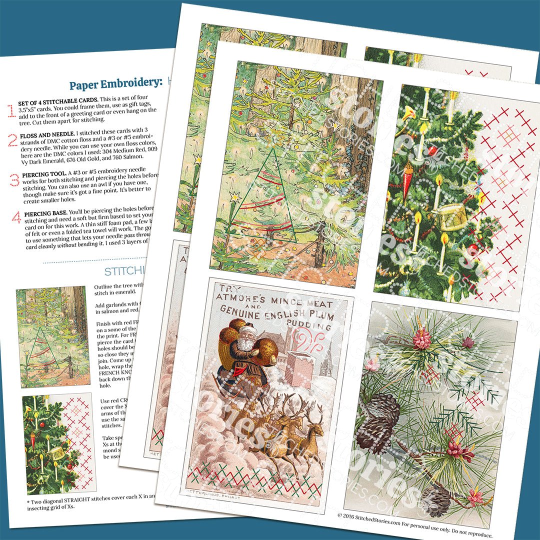 Free Paper Embroidery: Stitchable Holiday Cards (set of 8) - Stitched Stories