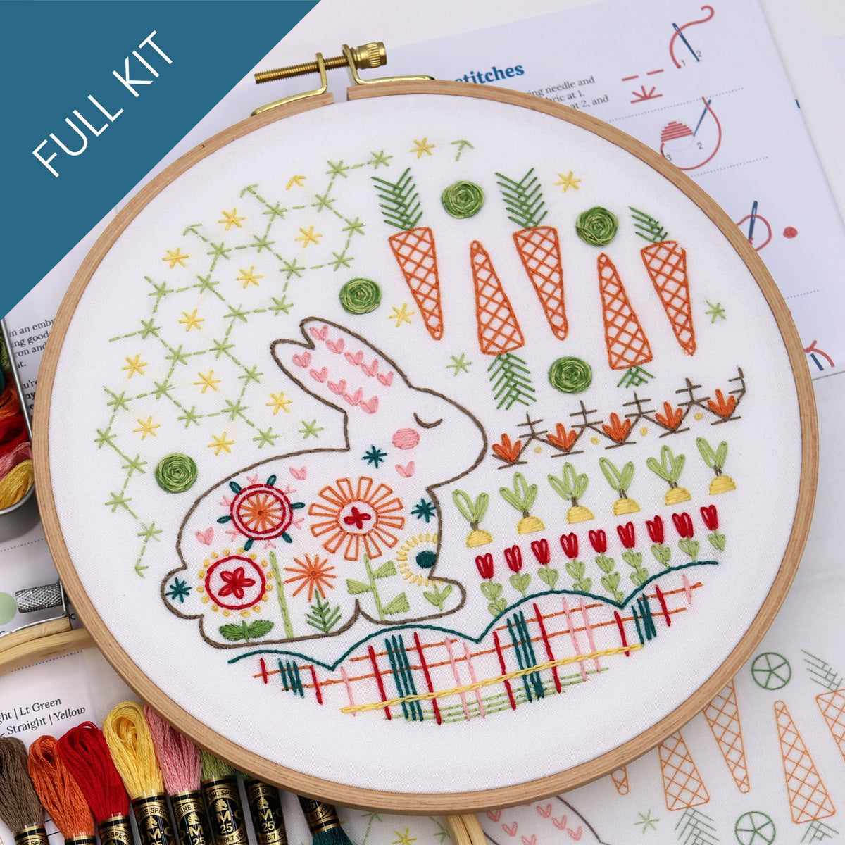Garden Rabbit Beginner Embroidery Kit by Stitched Stories, 8 in, Cotton