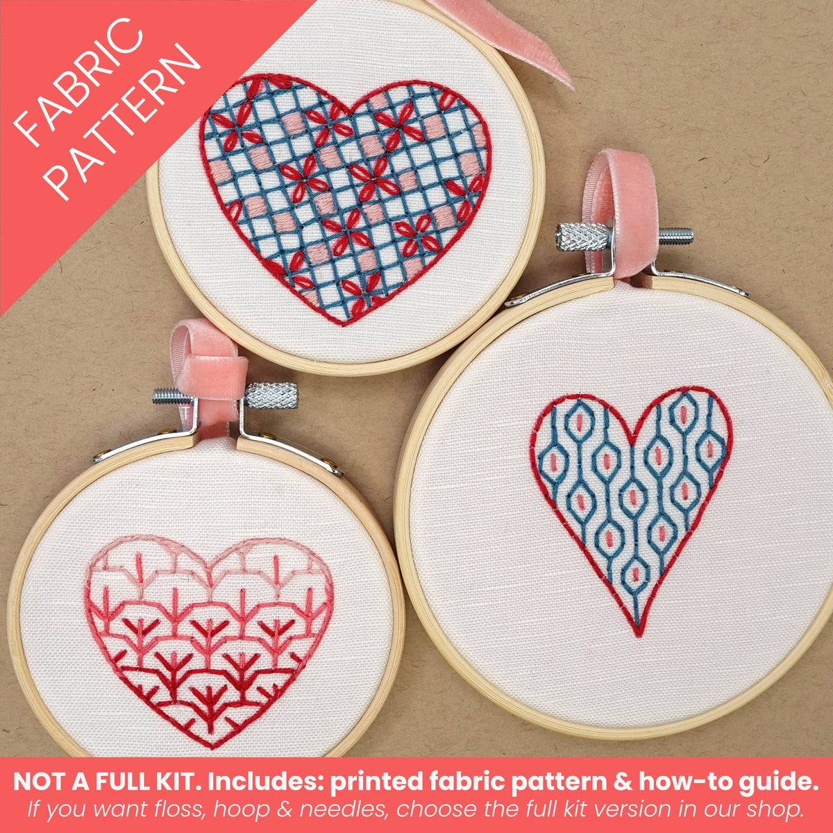 Heart Minis Embroidery Fabric Pattern – 3 Hearts on Linen-Cotton Canvas ...