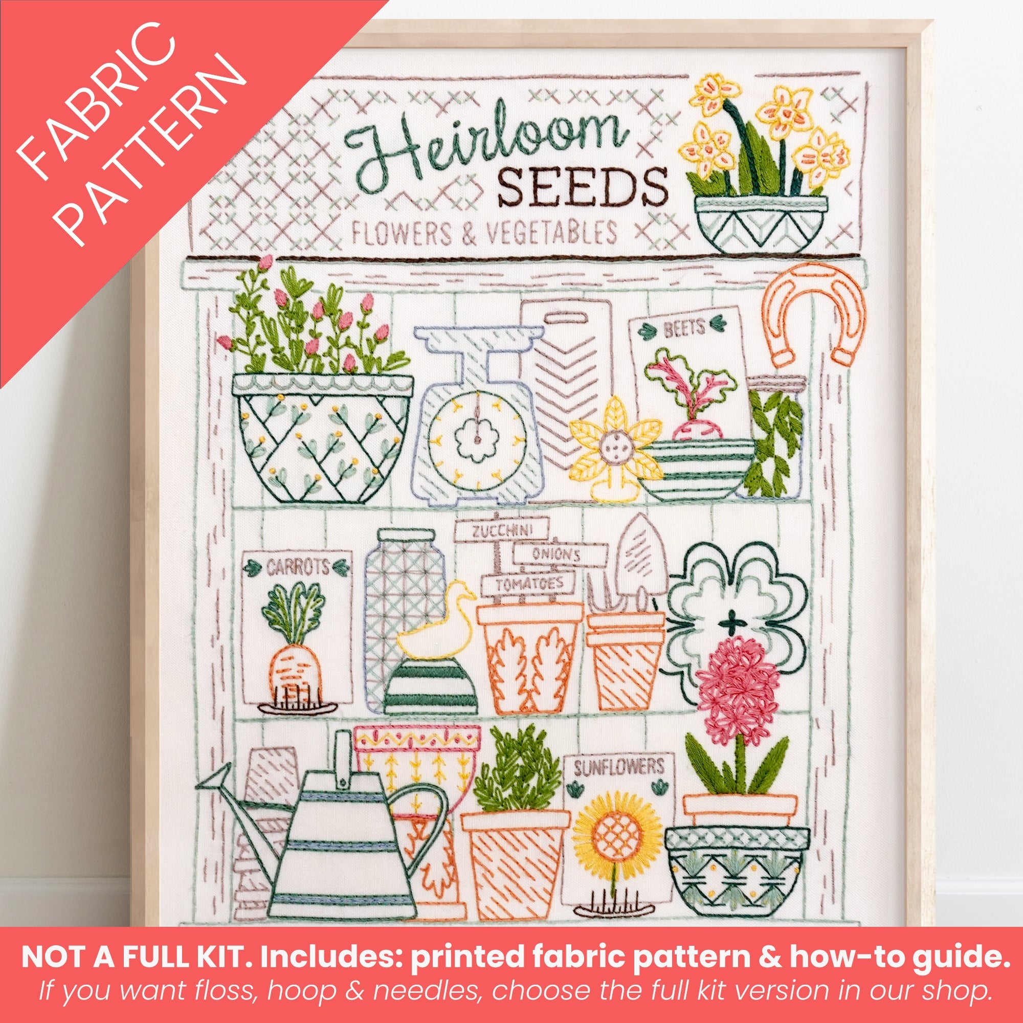 Heirloom Seeds Embroidery Sampler Printed Fabric Pattern - Stitched Stories