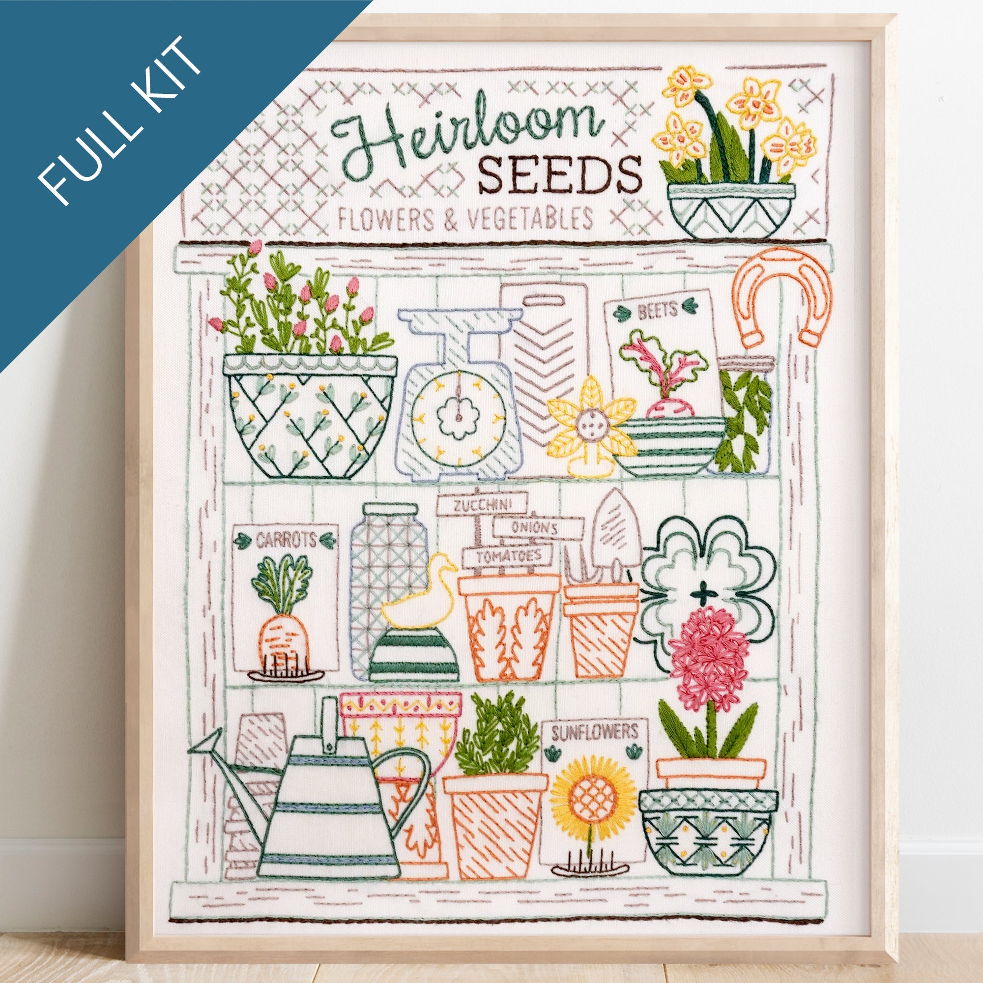Gardening Potting Spring Sampler Embroidery Kit by Stitched Stories, 14x18  in, Linen Cotton Canvas