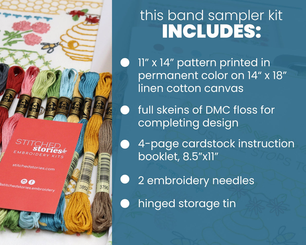 Honey Bee Traditional Sampler Embroidery Kit by Stitched Stories, 14x18 ...
