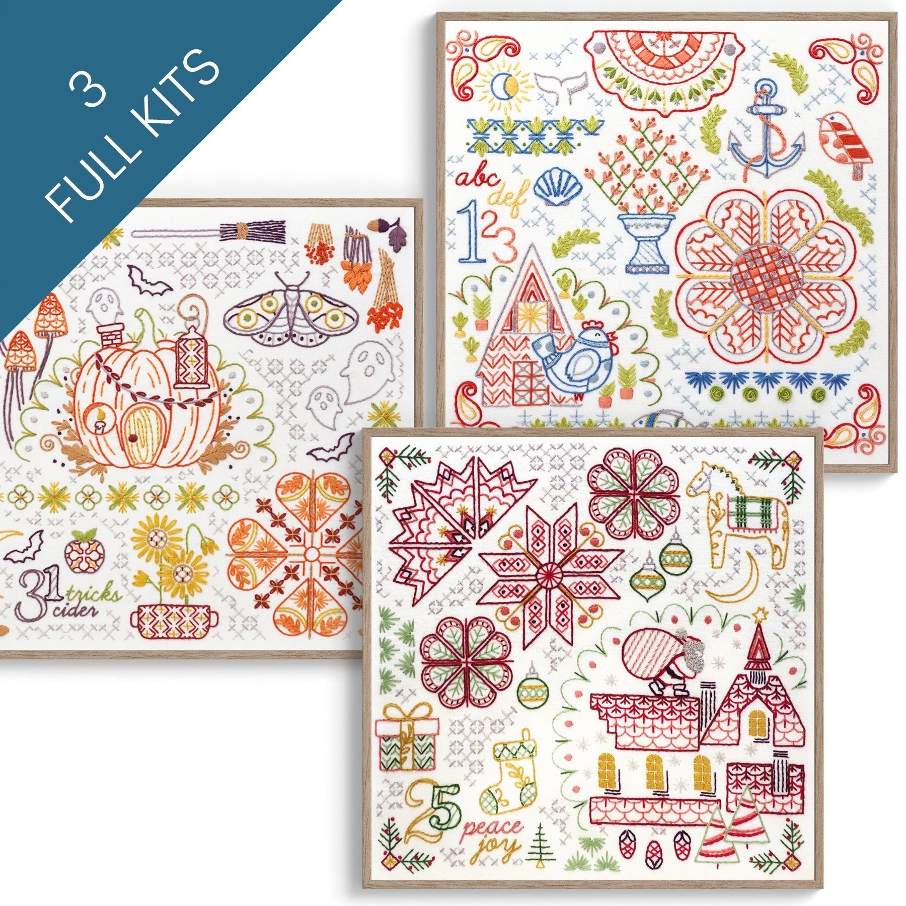 Motif Sampler Trio Embroidery Kit Bundle of 3 - Stitched Stories