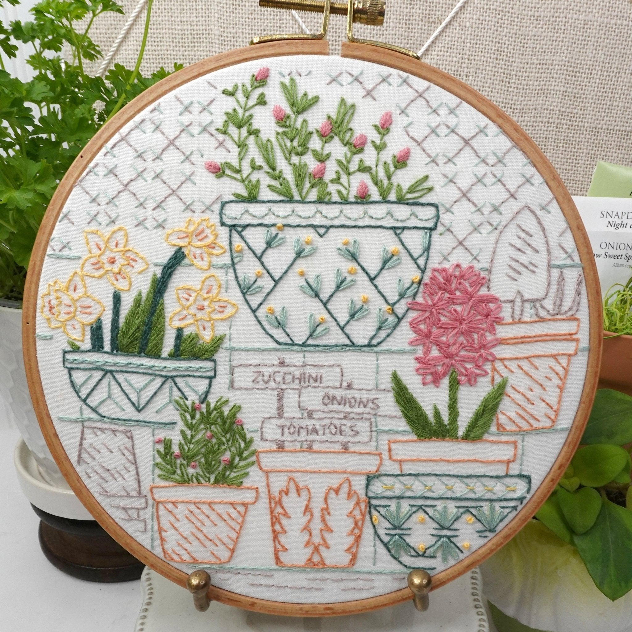 Potting Table Printed Fabric Embroidery Pattern - Stitched Stories