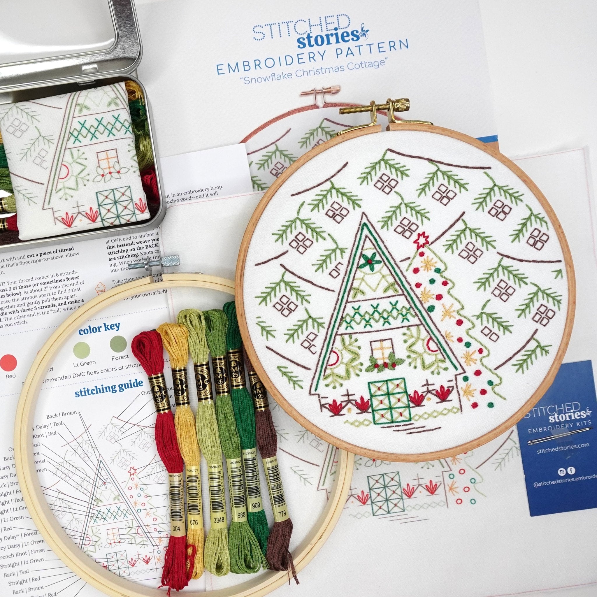 Snowflake Christmas Cottage Embroidery Kit - Stitched Stories