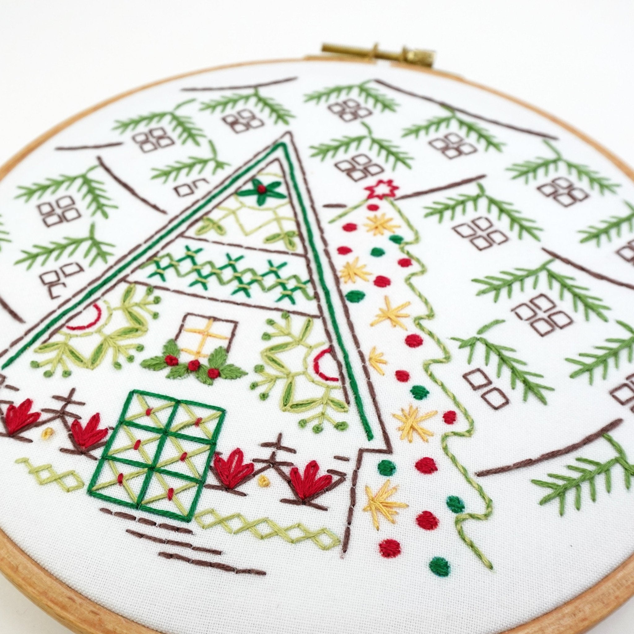 Snowflake Christmas Cottage Printed Fabric Pattern - Stitched Stories
