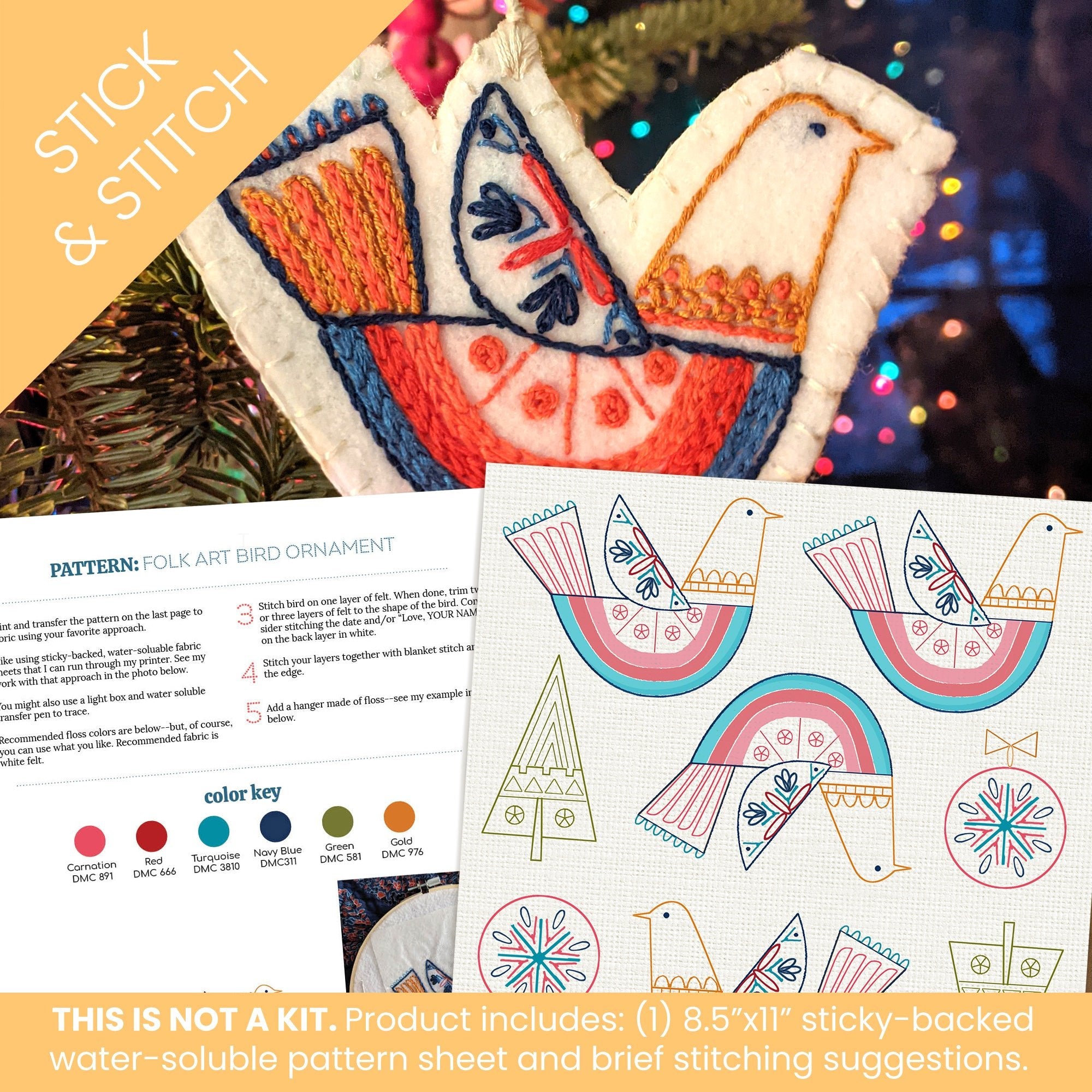 Stick & Stitch Motifs: Folk - Art Bird Ornaments - Stitched Stories