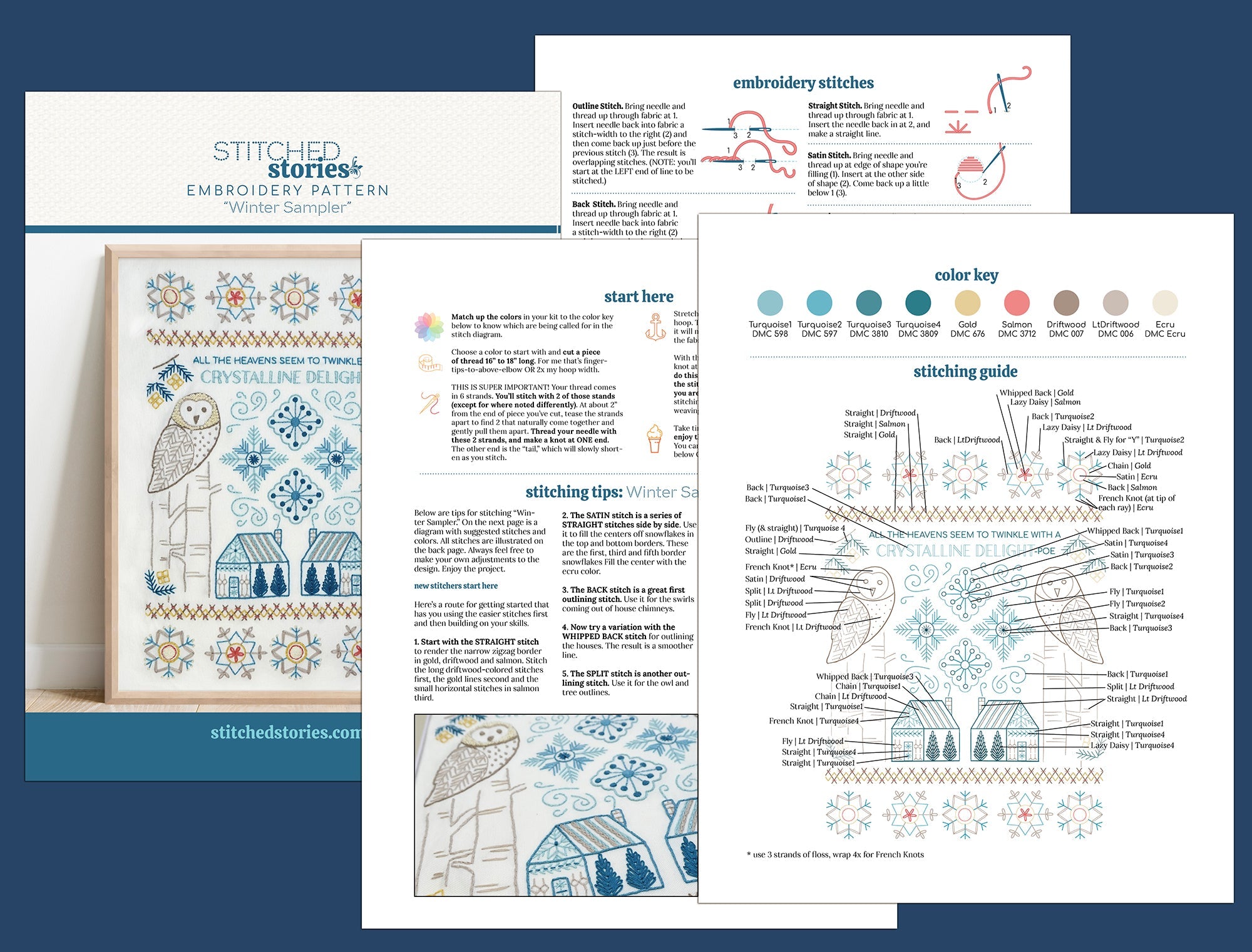 Winter Sampler Printed Fabric Pattern - Stitched Stories