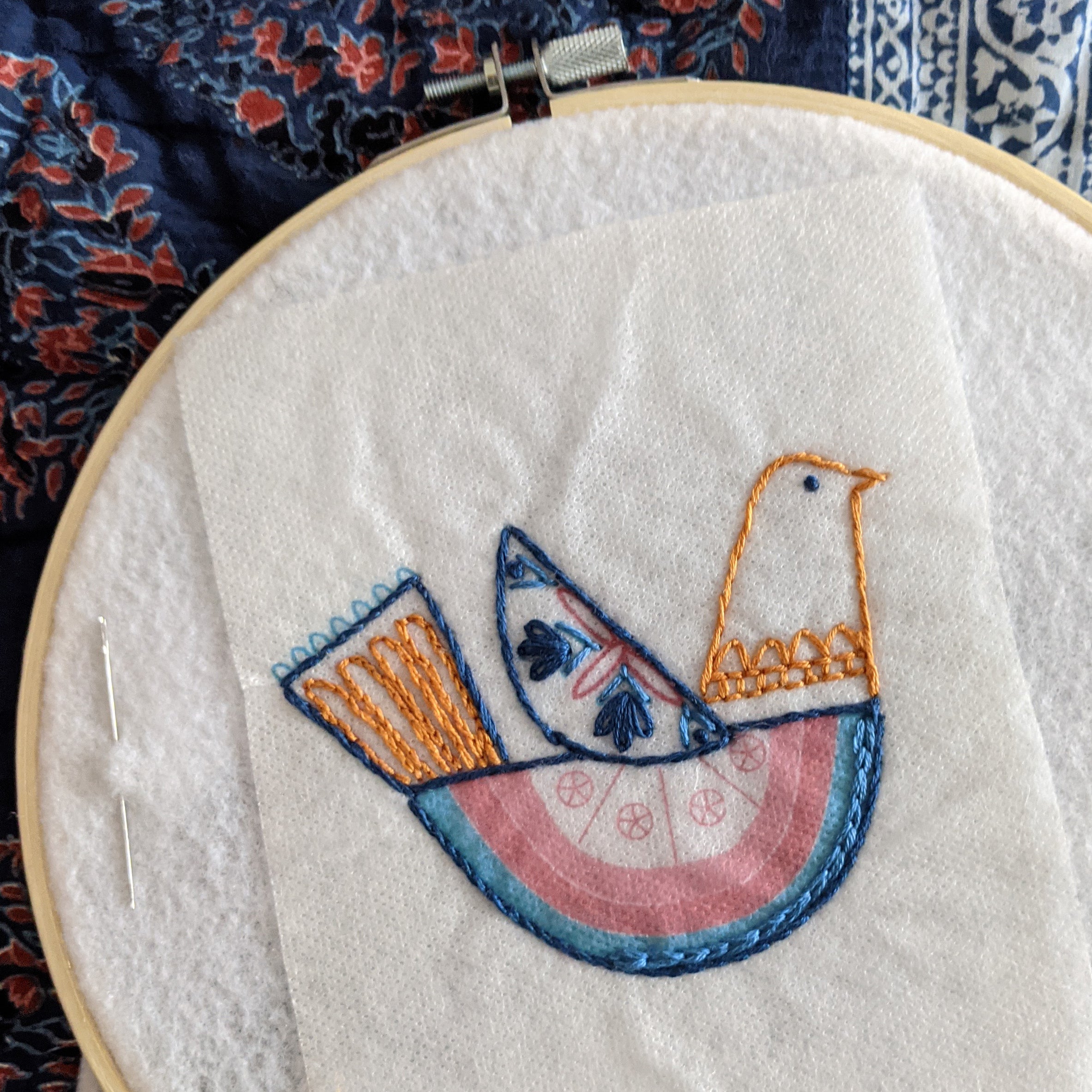 In Progress Embroidery of Folk Art Bird Ornament - Stitched Stories
