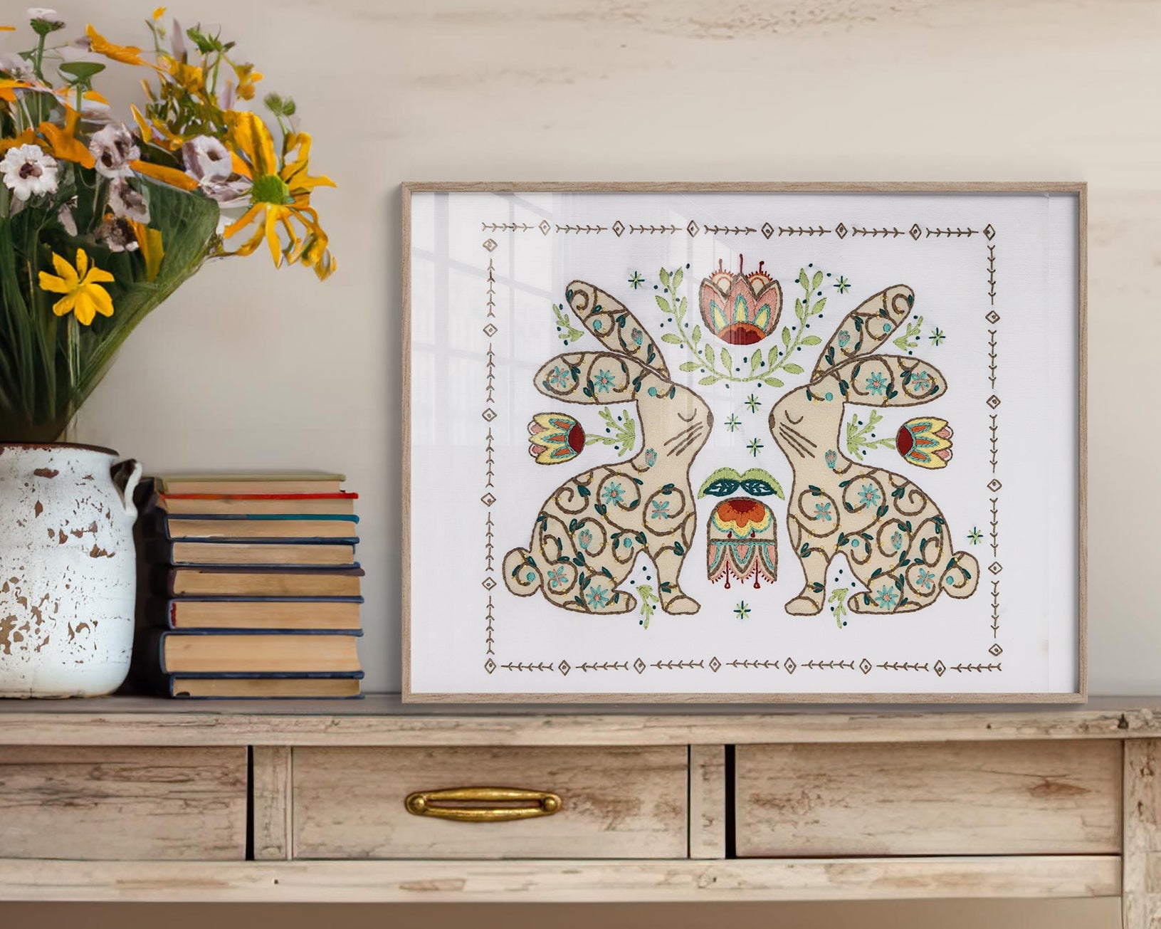 Bunny Folklore Printed Fabric Pattern - Stitched Stories