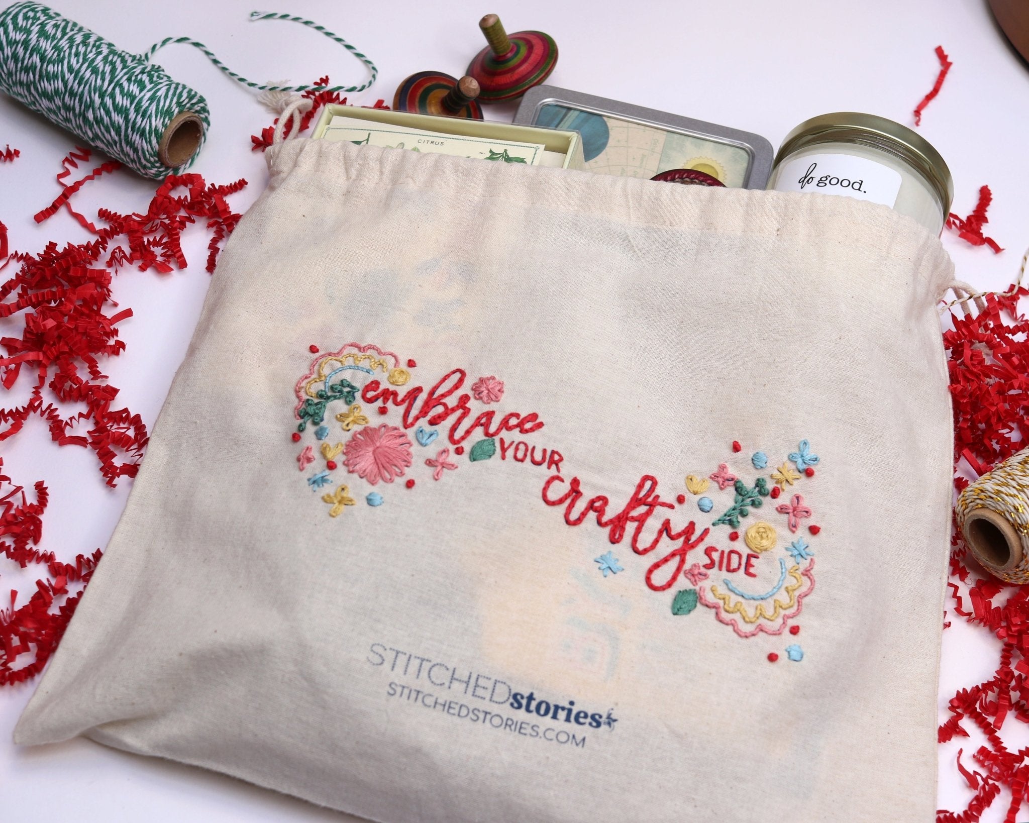 Drawstring Project Bag with Silkscreened Ready-to-Stitch Design - Stitched Stories