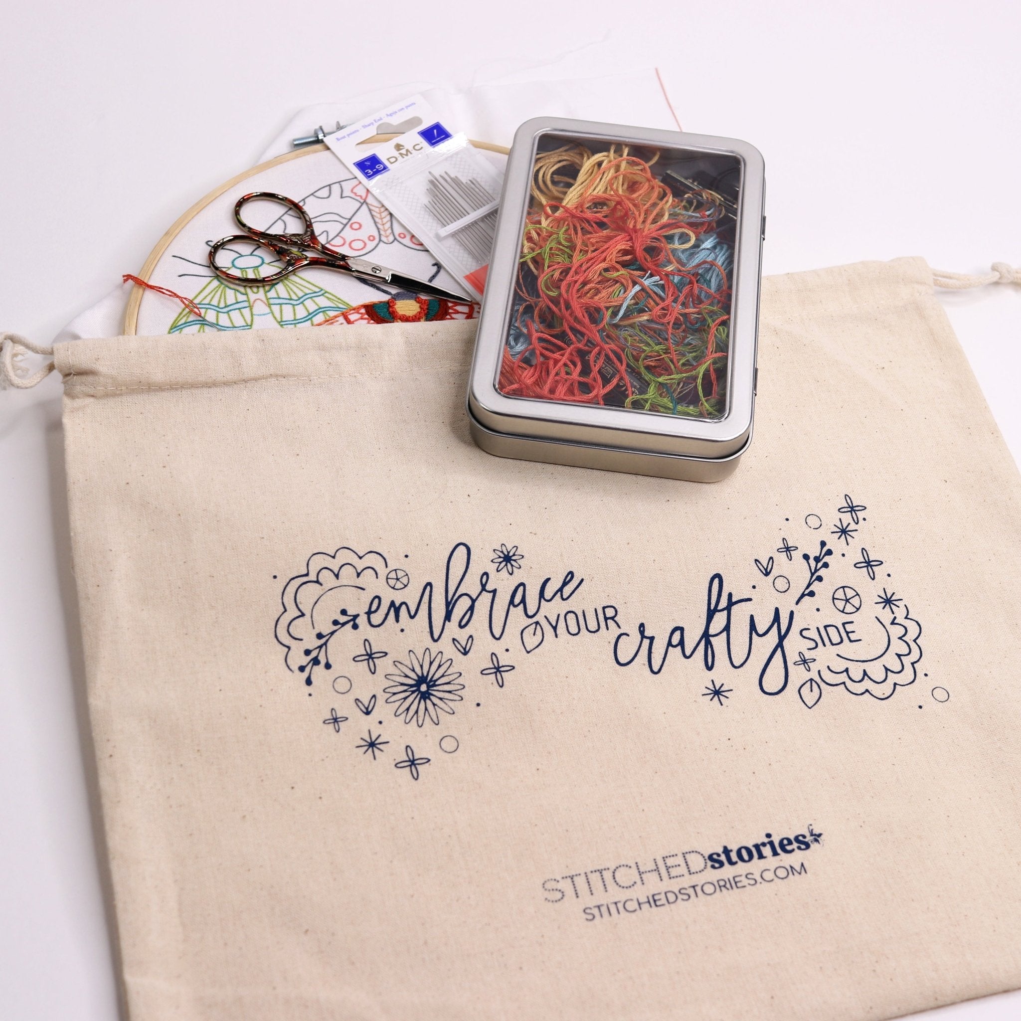 Drawstring Project Bag with Silkscreened Ready-to-Stitch Design - Stitched Stories