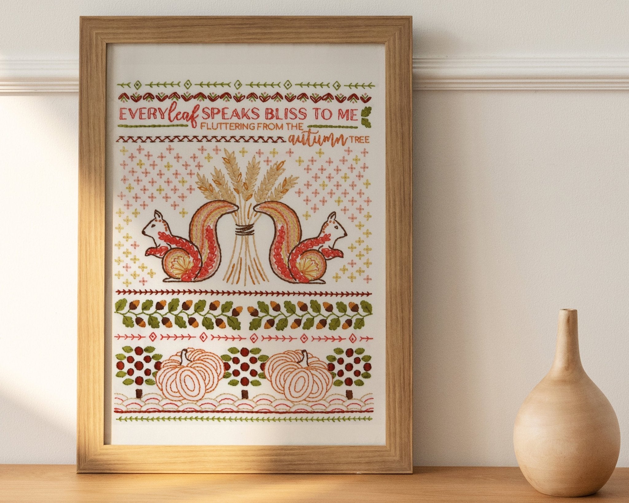 Fall Squirrel Sampler Printed Fabric Pattern - Stitched Stories