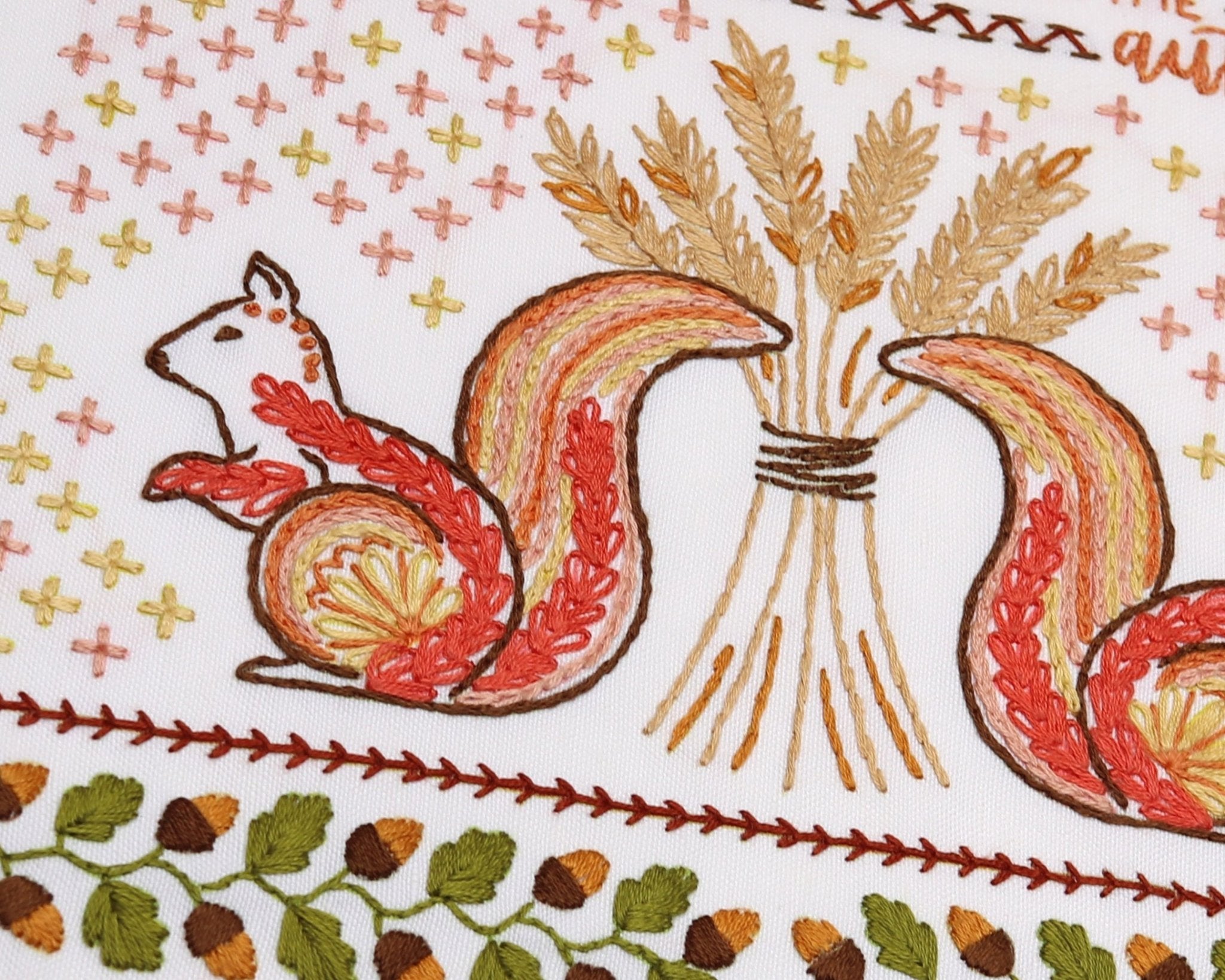 Fall Squirrel Sampler Printed Fabric Pattern - Stitched Stories