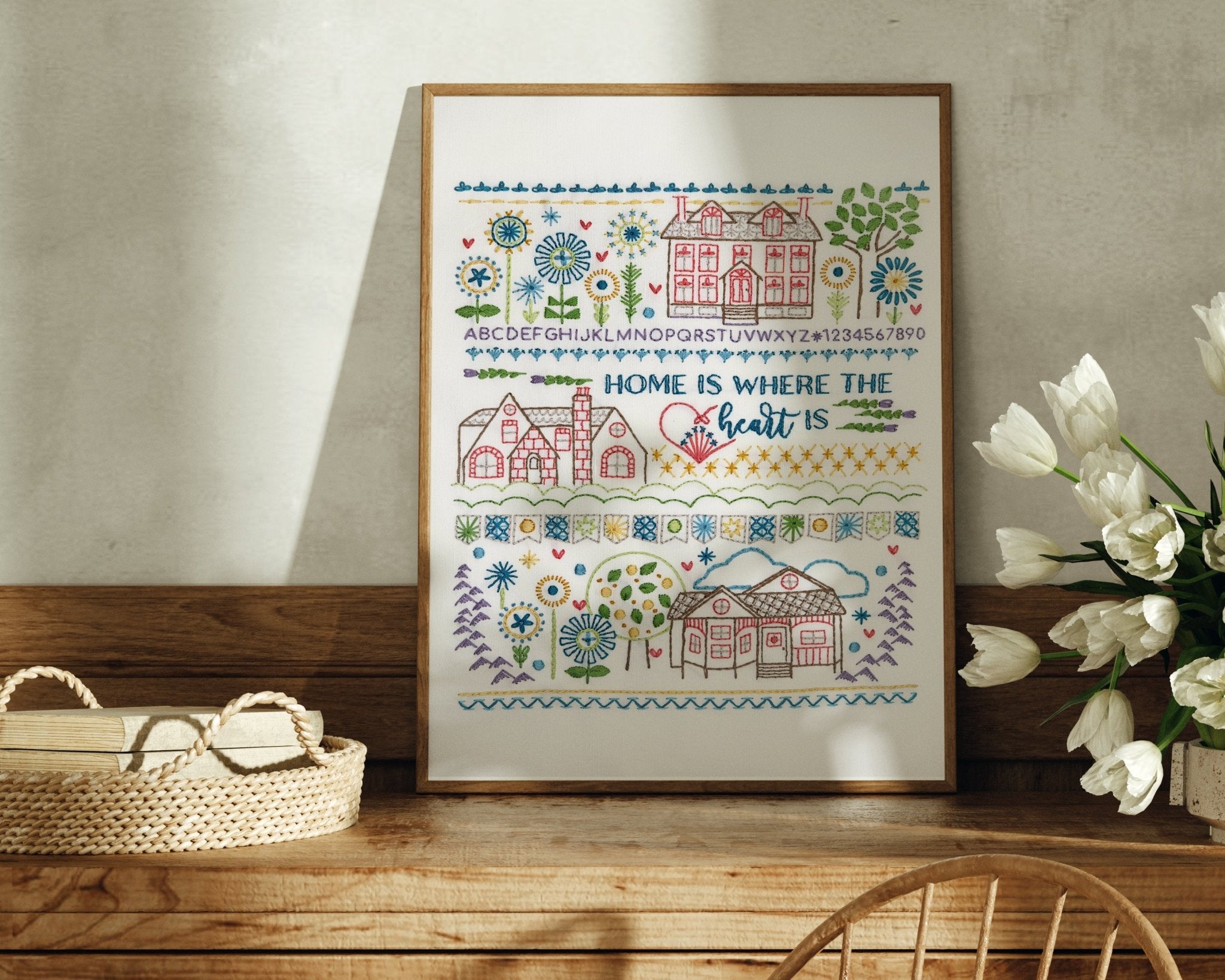 Home Sampler Printed Fabric Pattern - Stitched Stories