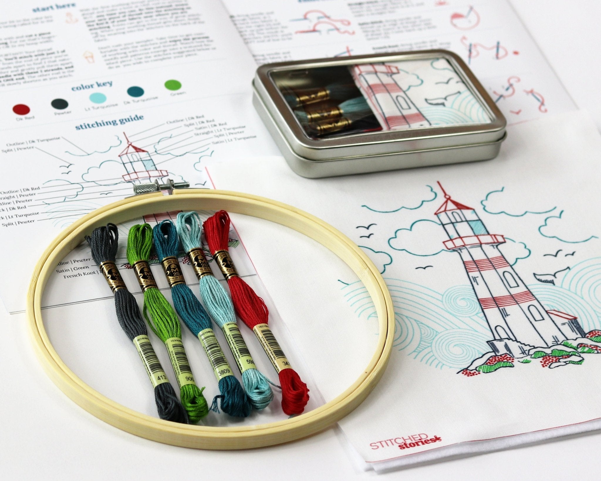 Lighthouse Ocean Embroidery Kit by Stitched Stories, 8 in, Cotton