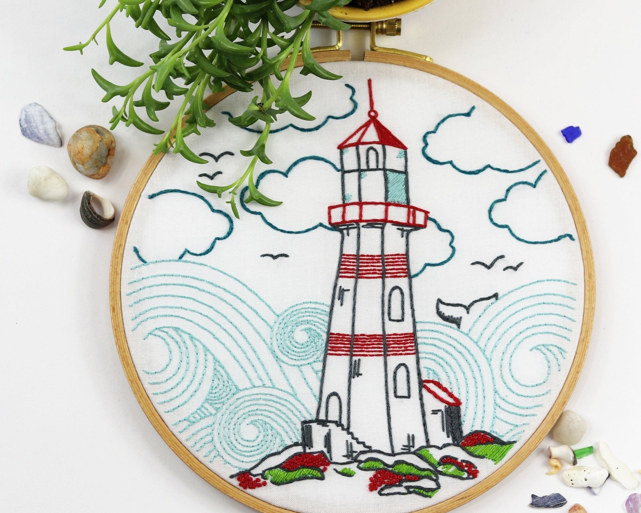 Lighthouse Ocean Embroidery Kit by Stitched Stories, 8 in, Cotton