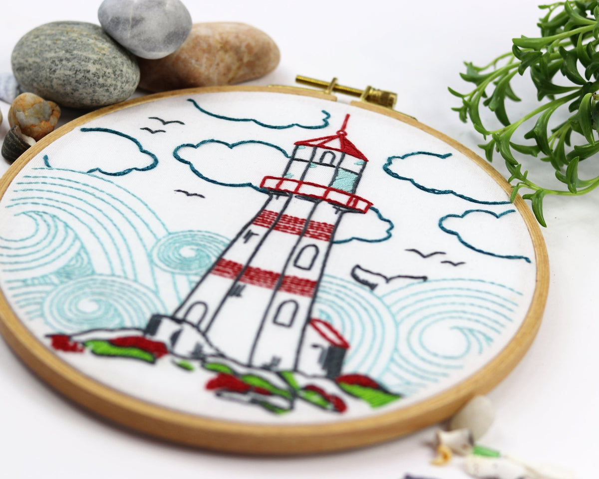 Lighthouse Ocean Embroidery Kit by Stitched Stories, 8 in, Cotton