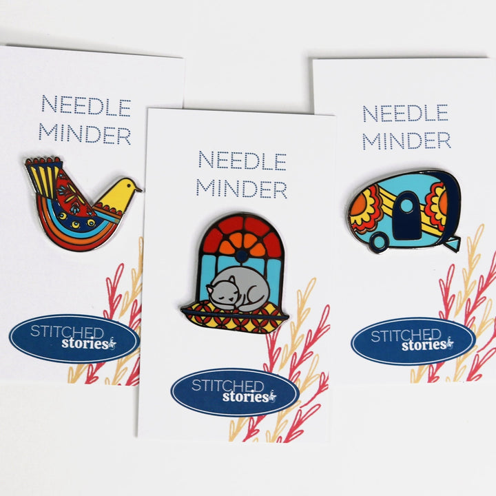Needle Minder 3 Pack: Folk Art Bird, Cat on Pillow, Camper - Stitched Stories
