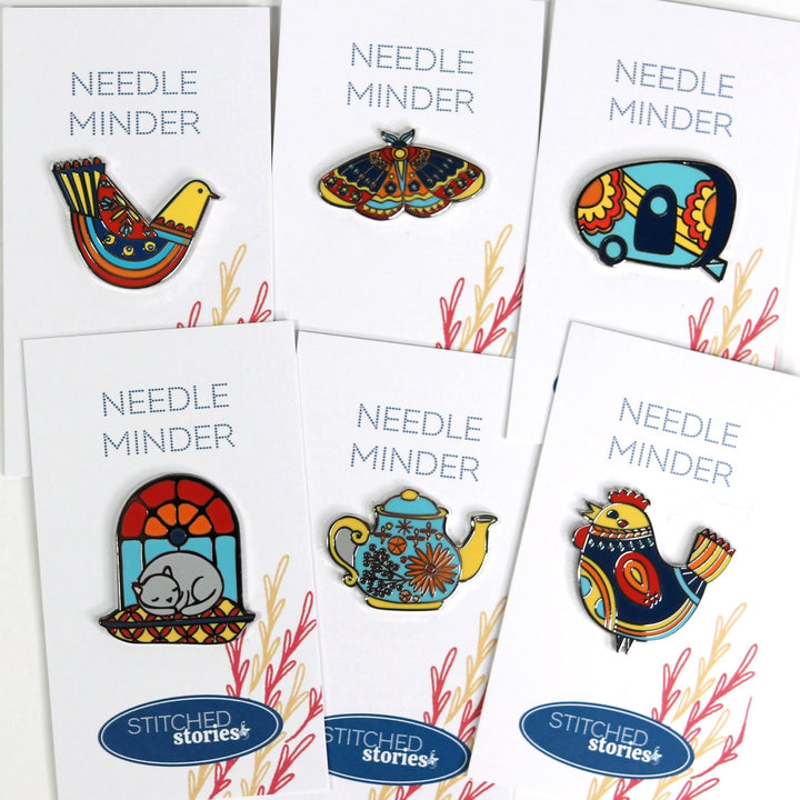 Needle Minder 6 Pack: Folk Art Bird, Cat on Pillow, Camper, Teapot, Hen, Moth - Stitched Stories