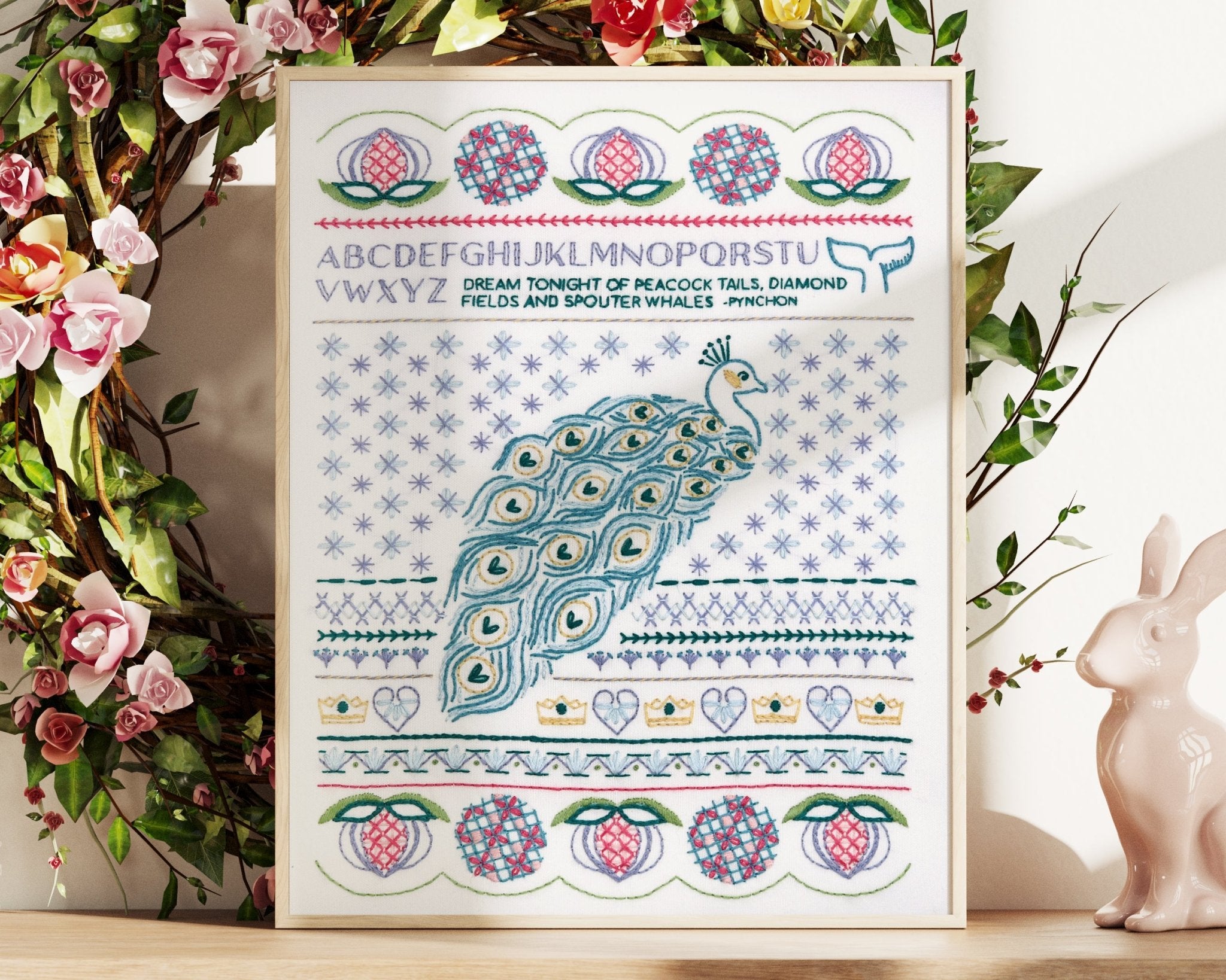 Peacock Dreams Sampler Printed Fabric Pattern - Stitched Stories