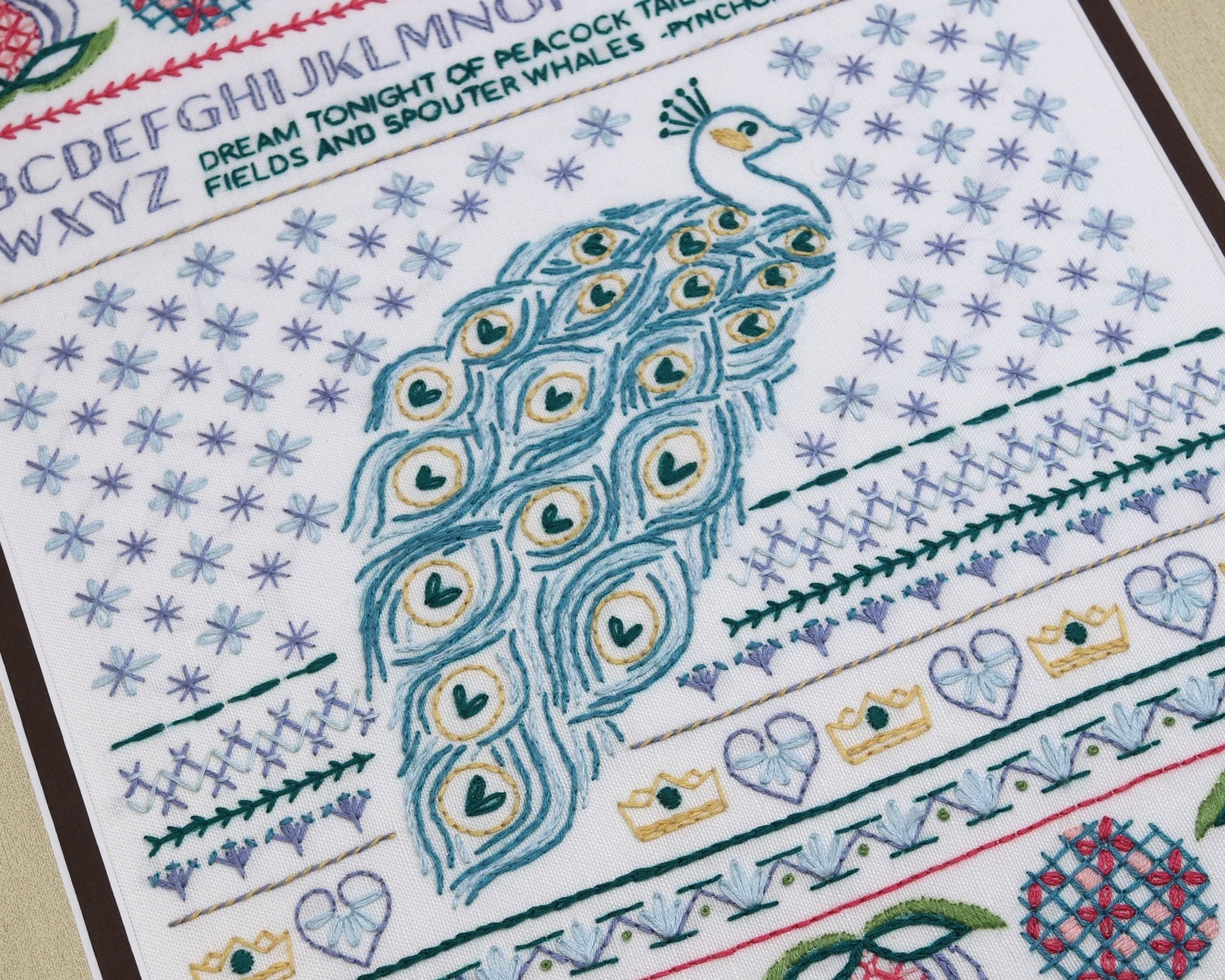 Peacock Dreams Sampler Printed Fabric Pattern - Stitched Stories