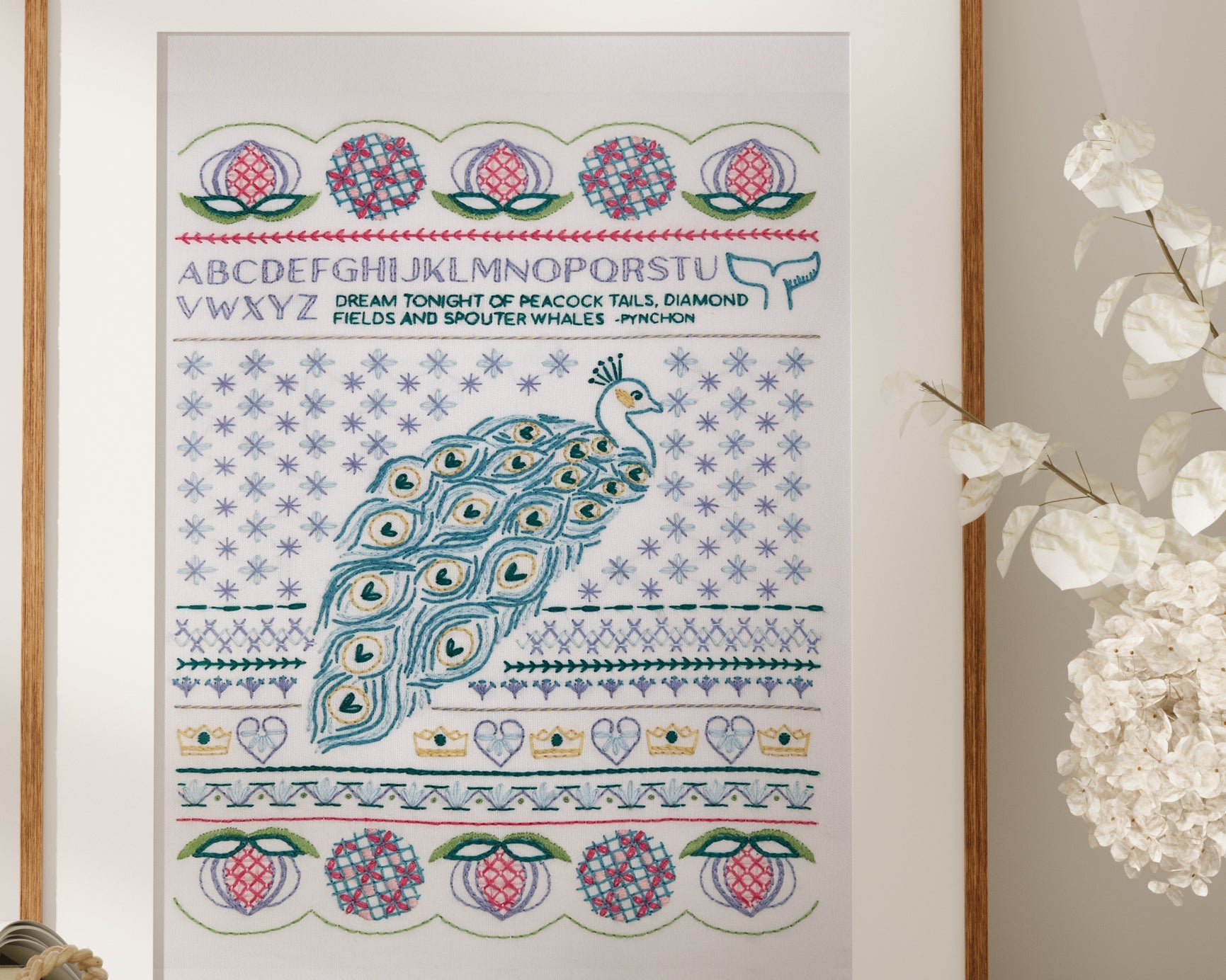 Peacock Dreams Sampler Printed Fabric Pattern - Stitched Stories