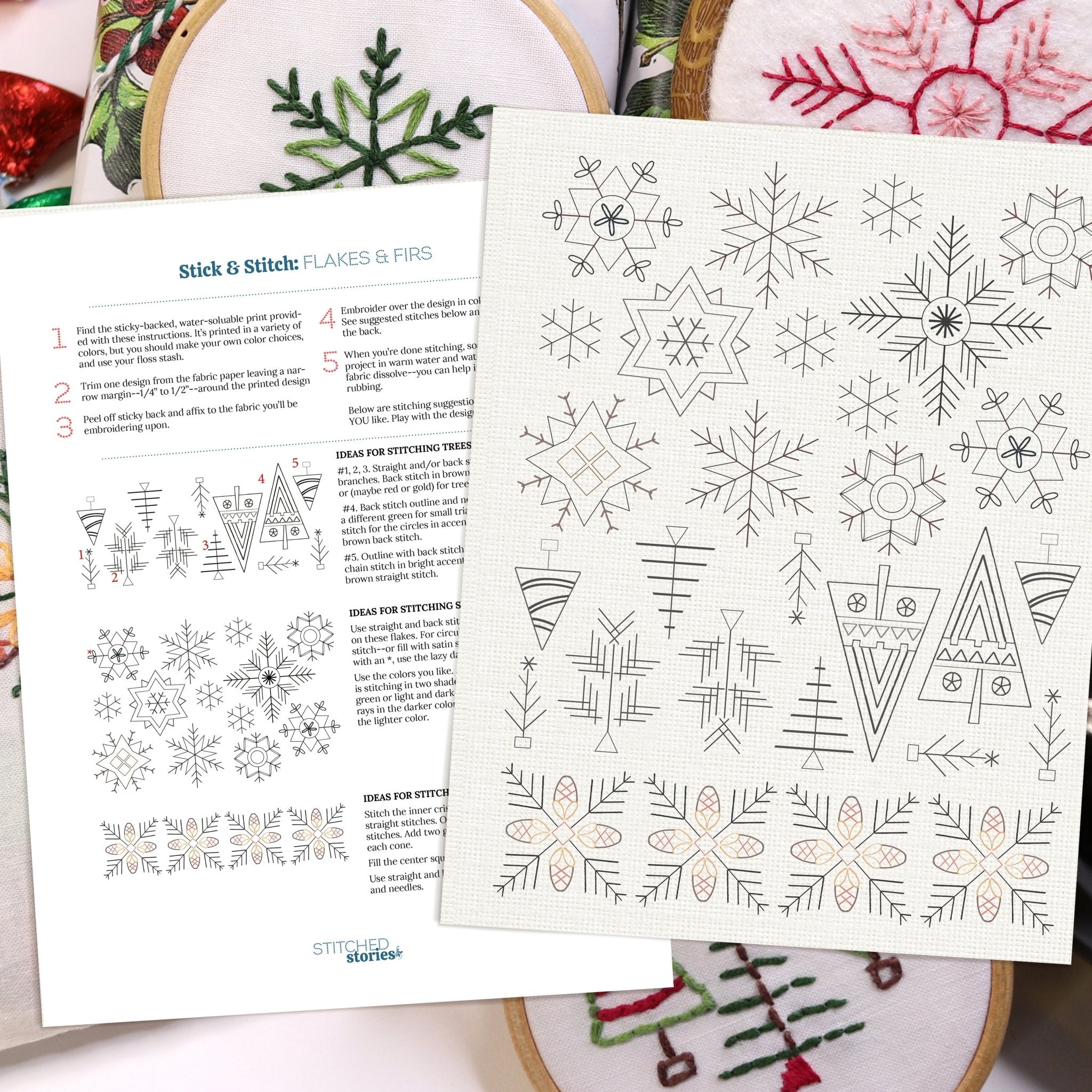 Stick & Stitch Motifs: Flakes and Firs - Stitched Stories