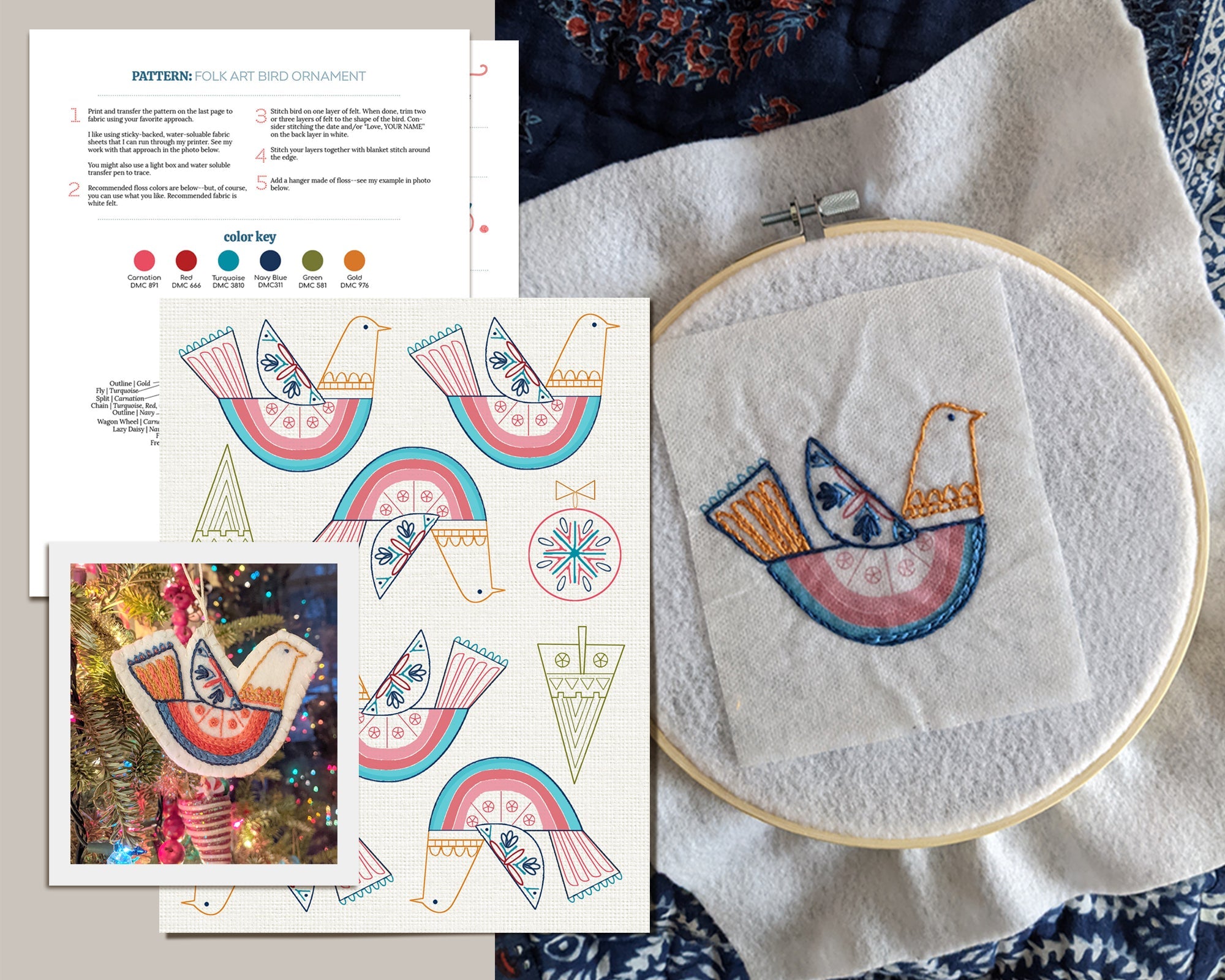 Stick & Stitch Motifs: Folk-Art Bird Ornaments - Stitched Stories